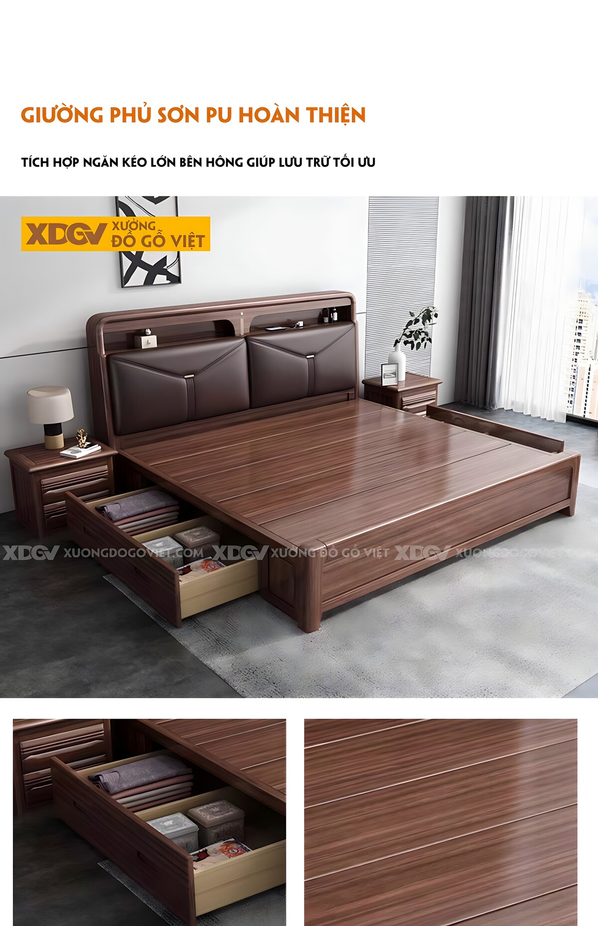 Giường Ngủ Gỗ Óc Chó Kệ Đầu Giường 2 Ngăn Có Nệm Bọc Vải
