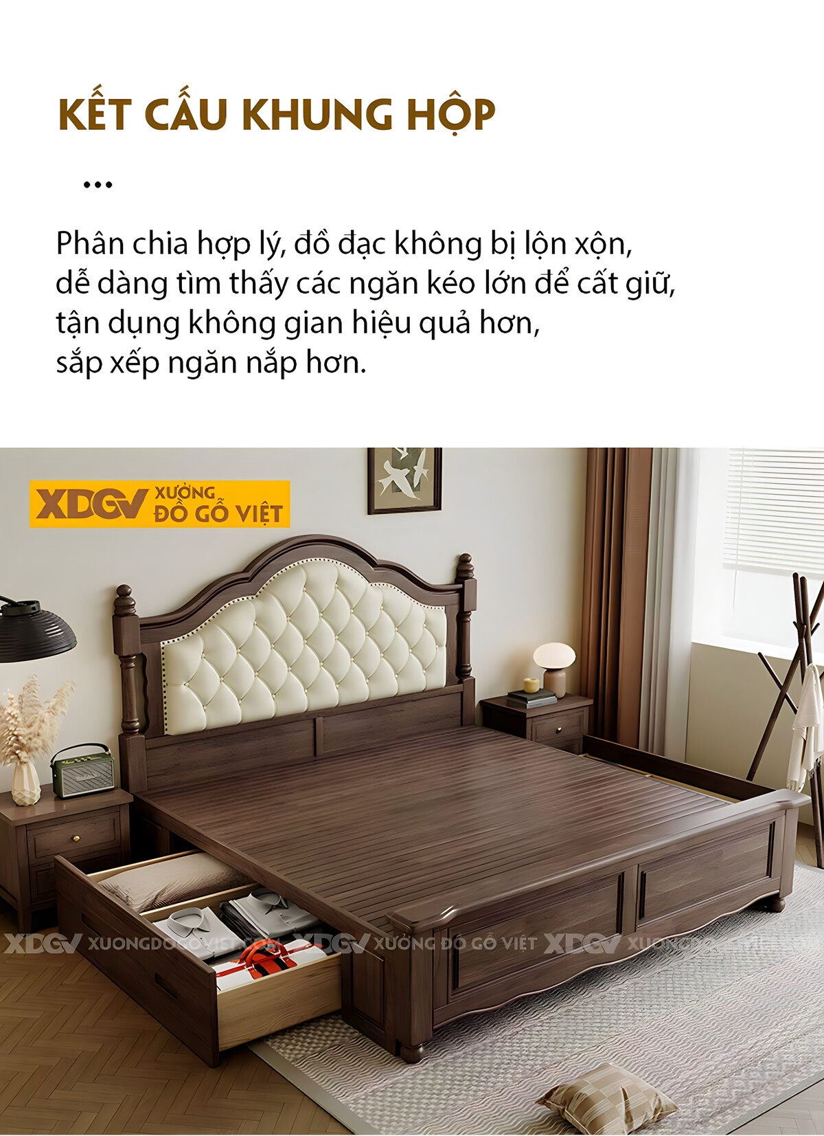 Giường Ngủ Gỗ Óc Chó Kiểu Âu Đầu Bọc Nệm Viền Đinh Gợn Sóng