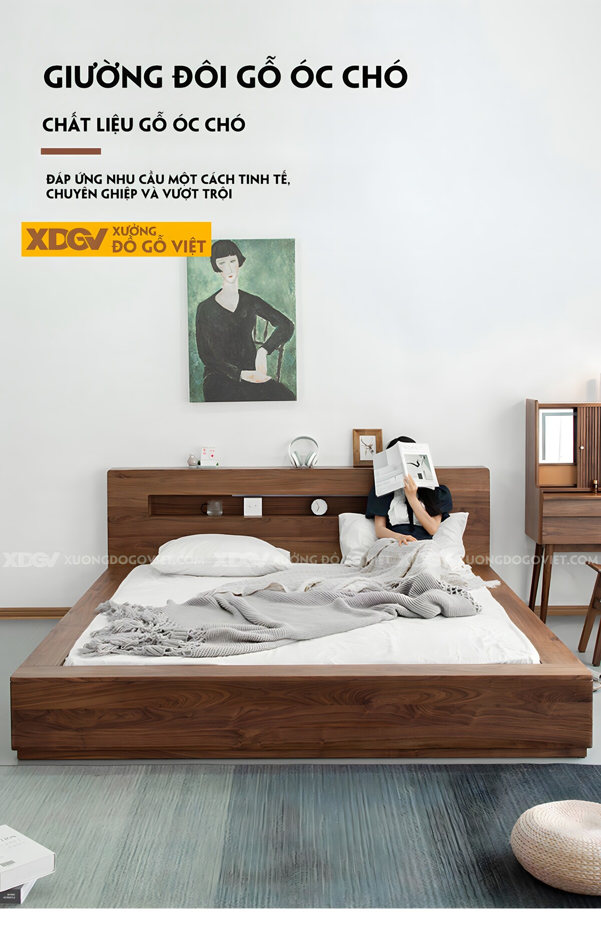 Giường Ngủ Gỗ Óc Chó Lọt Nệm Kệ Âm Đầu Giường Có Đèn Led