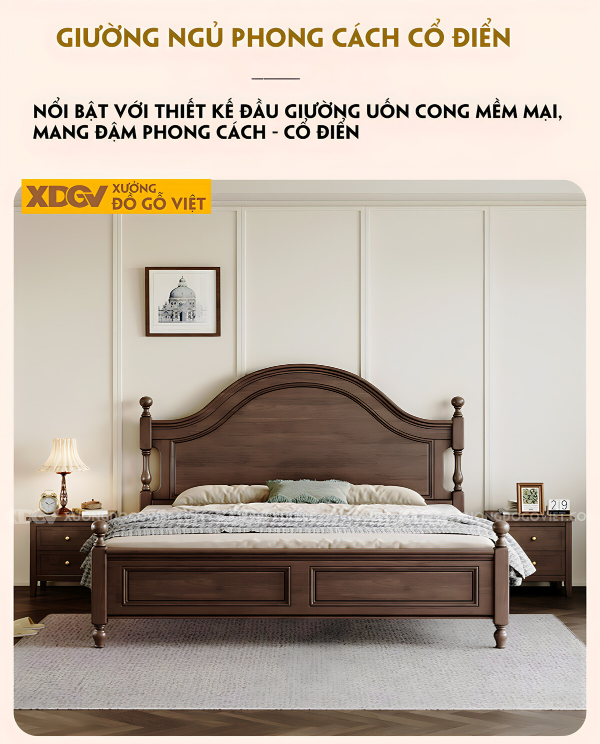 Giường Ngủ Gỗ Óc Chó Tân Cổ Điển Đầu Vòm Đuôi Khung Pano