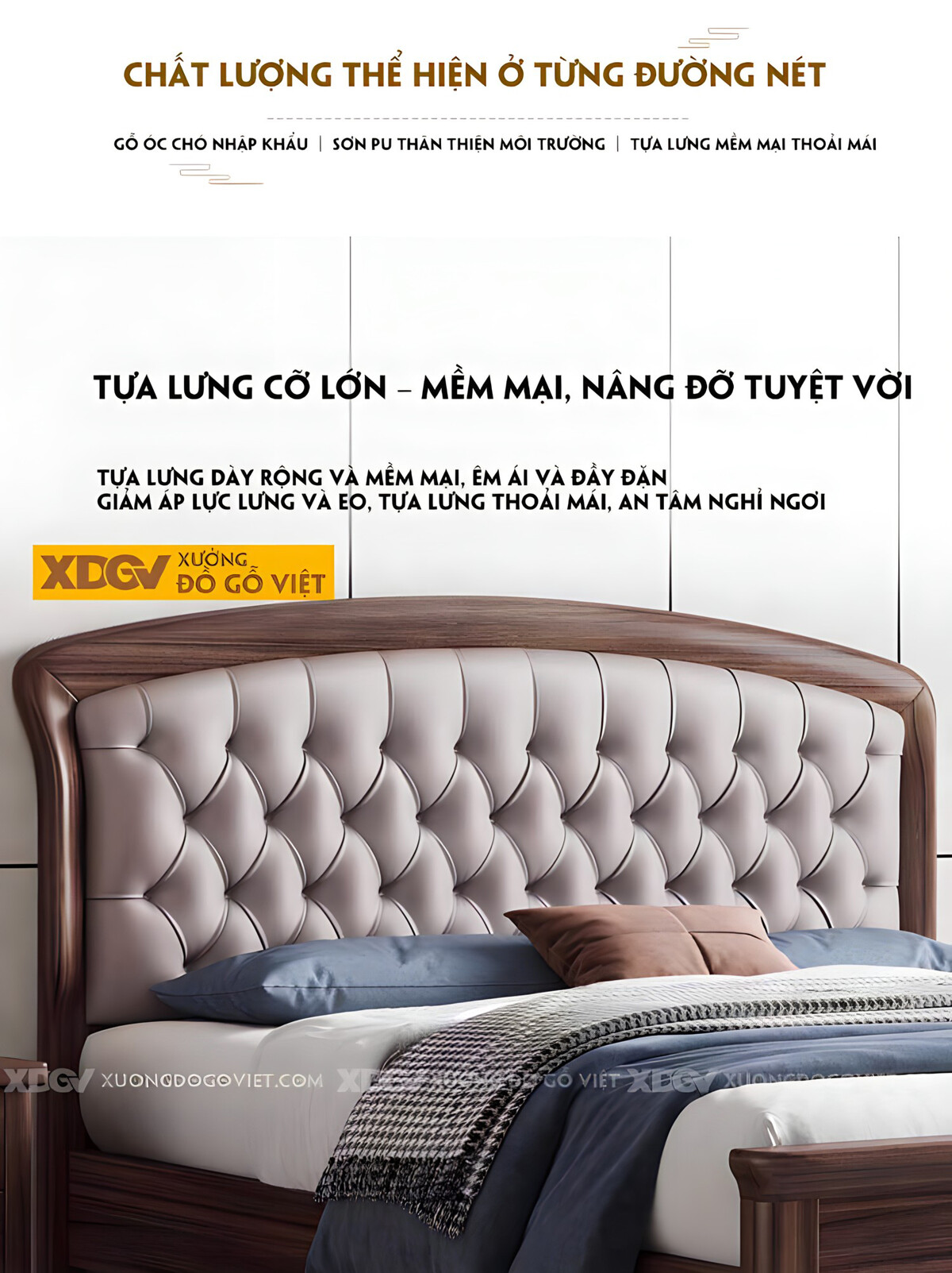 Giường Ngủ Gỗ Óc Chó Tân Cổ Điển Đệm Da Rút Cúc Hoàng Gia