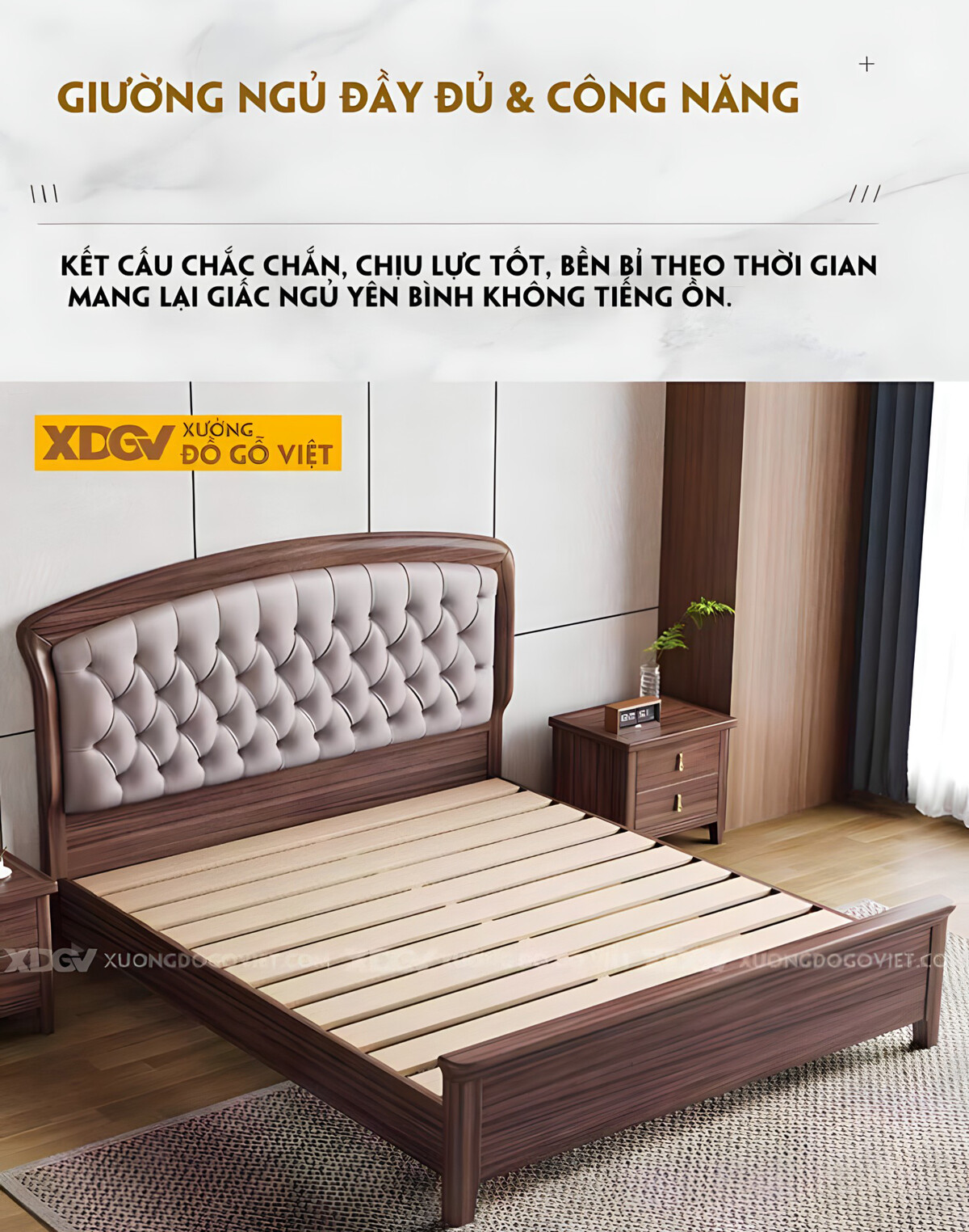 Giường Ngủ Gỗ Óc Chó Tân Cổ Điển Đệm Da Rút Cúc Hoàng Gia