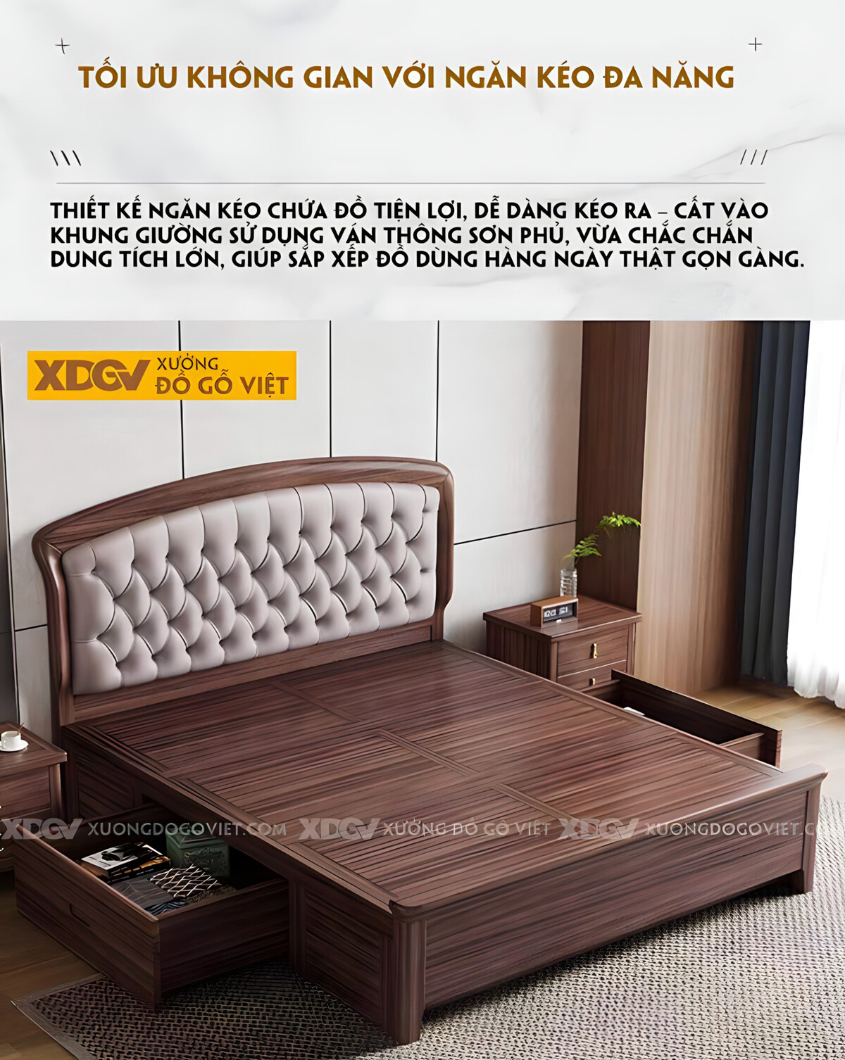 Giường Ngủ Gỗ Óc Chó Tân Cổ Điển Đệm Da Rút Cúc Hoàng Gia