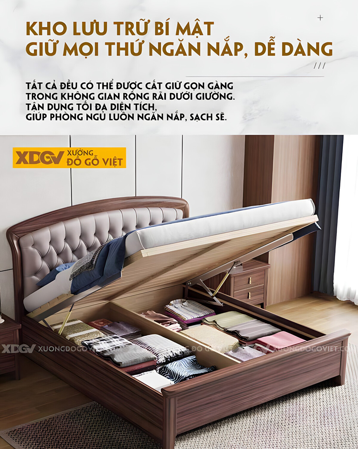 Giường Ngủ Gỗ Óc Chó Tân Cổ Điển Đệm Da Rút Cúc Hoàng Gia