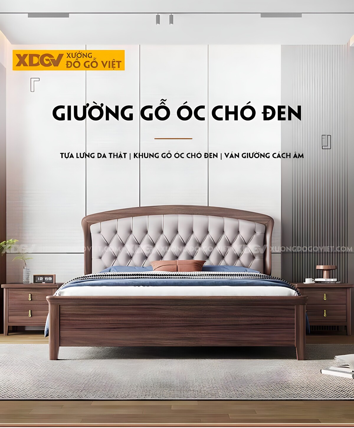 Giường Ngủ Gỗ Óc Chó Tân Cổ Điển Đệm Da Rút Cúc Hoàng Gia