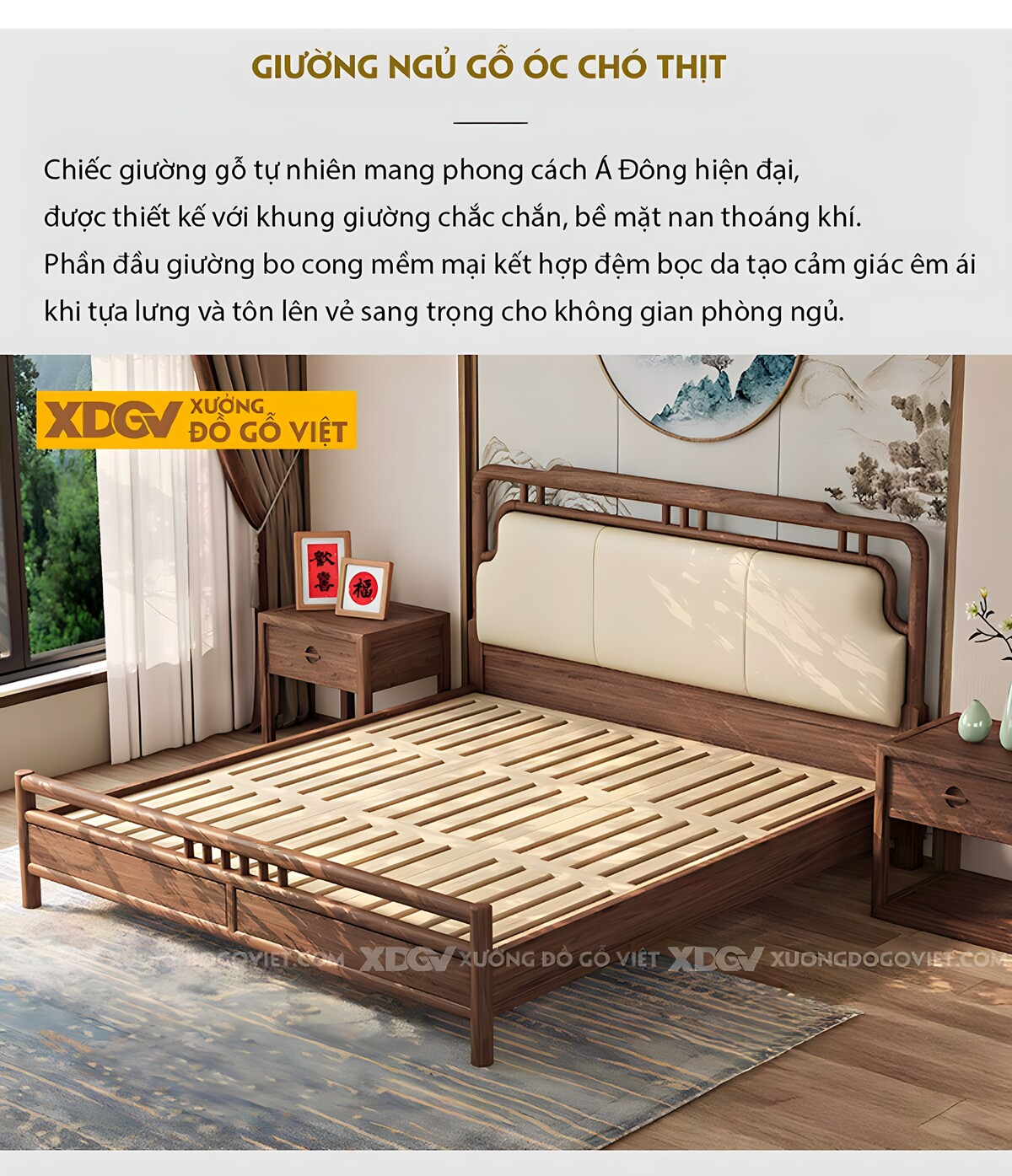 Giường Ngủ Gỗ Óc Chó Trung Hoa Song Trang Trí Đầu Bọc Đệm