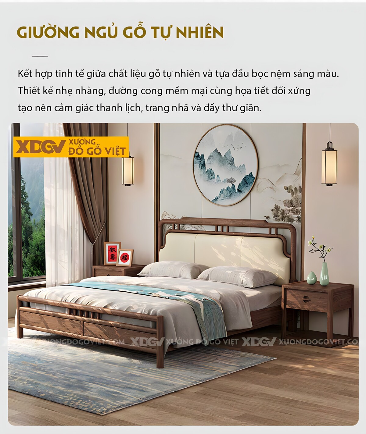 Giường Ngủ Gỗ Óc Chó Trung Hoa Song Trang Trí Đầu Bọc Đệm