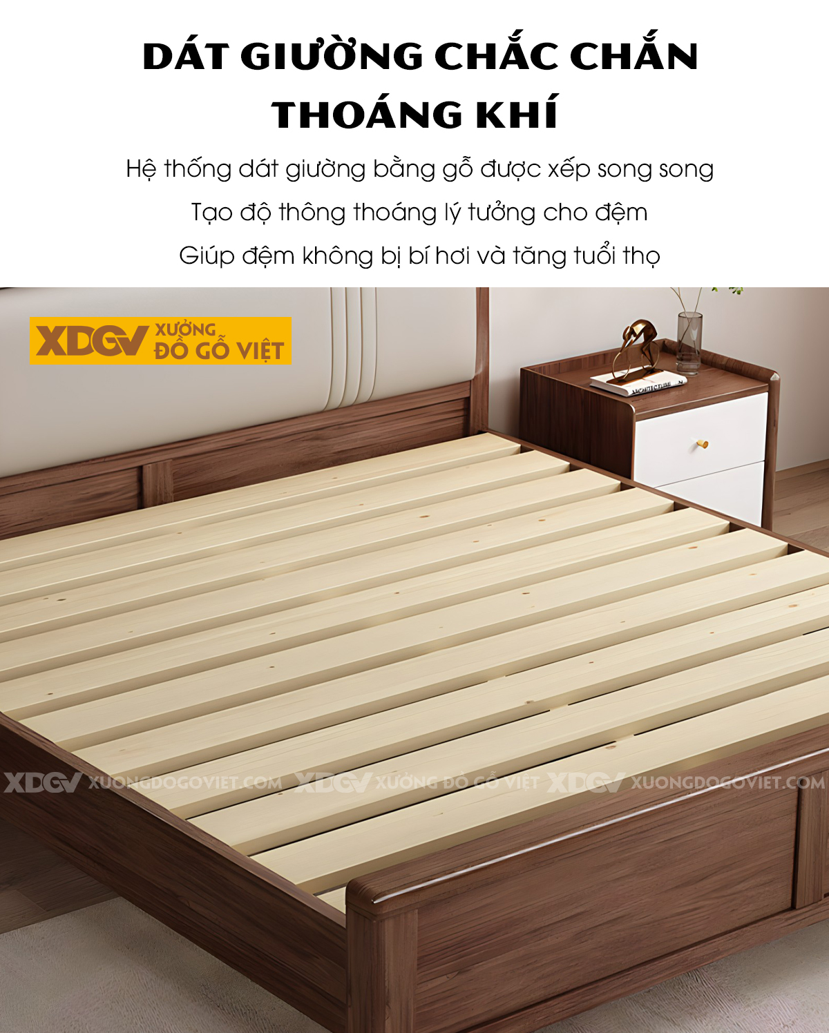 Giường Ngủ Gỗ Sồi Đầu Bọc Nệm 2 Tầng Sọc Dọc Đối Xứng