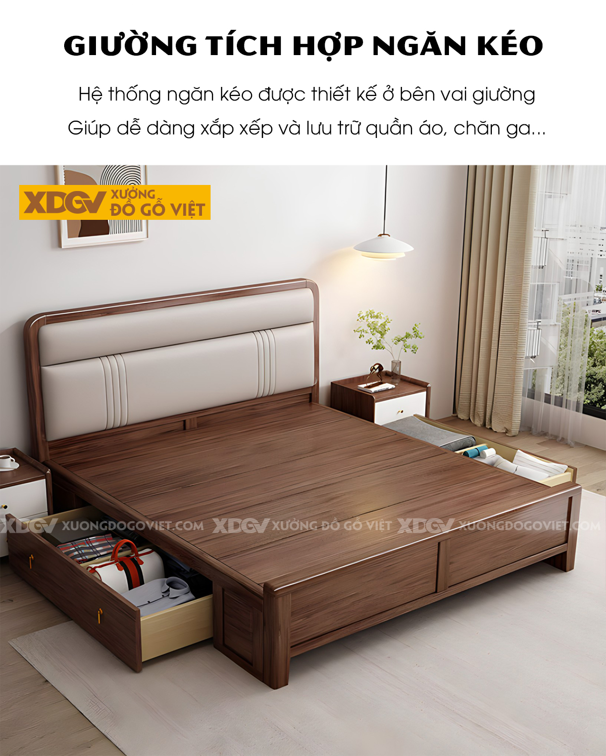 Giường Ngủ Gỗ Sồi Đầu Bọc Nệm 2 Tầng Sọc Dọc Đối Xứng