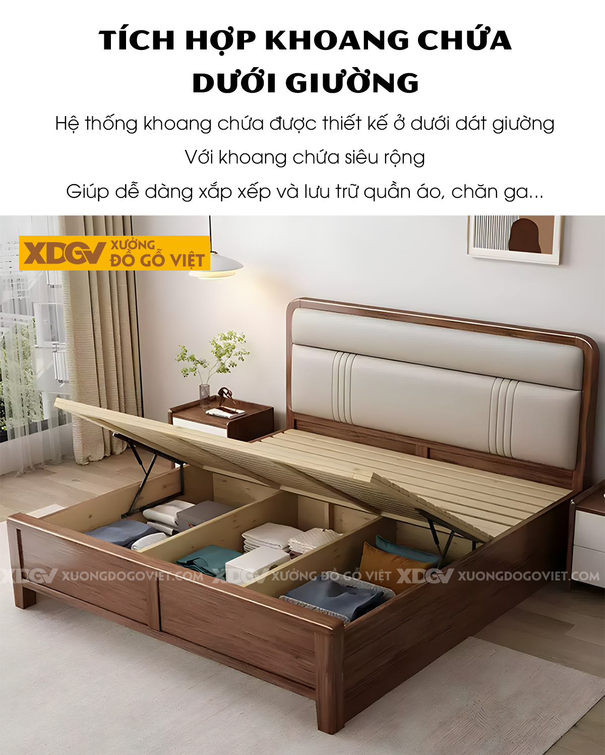 Giường Ngủ Gỗ Sồi Đầu Bọc Nệm 2 Tầng Sọc Dọc Đối Xứng