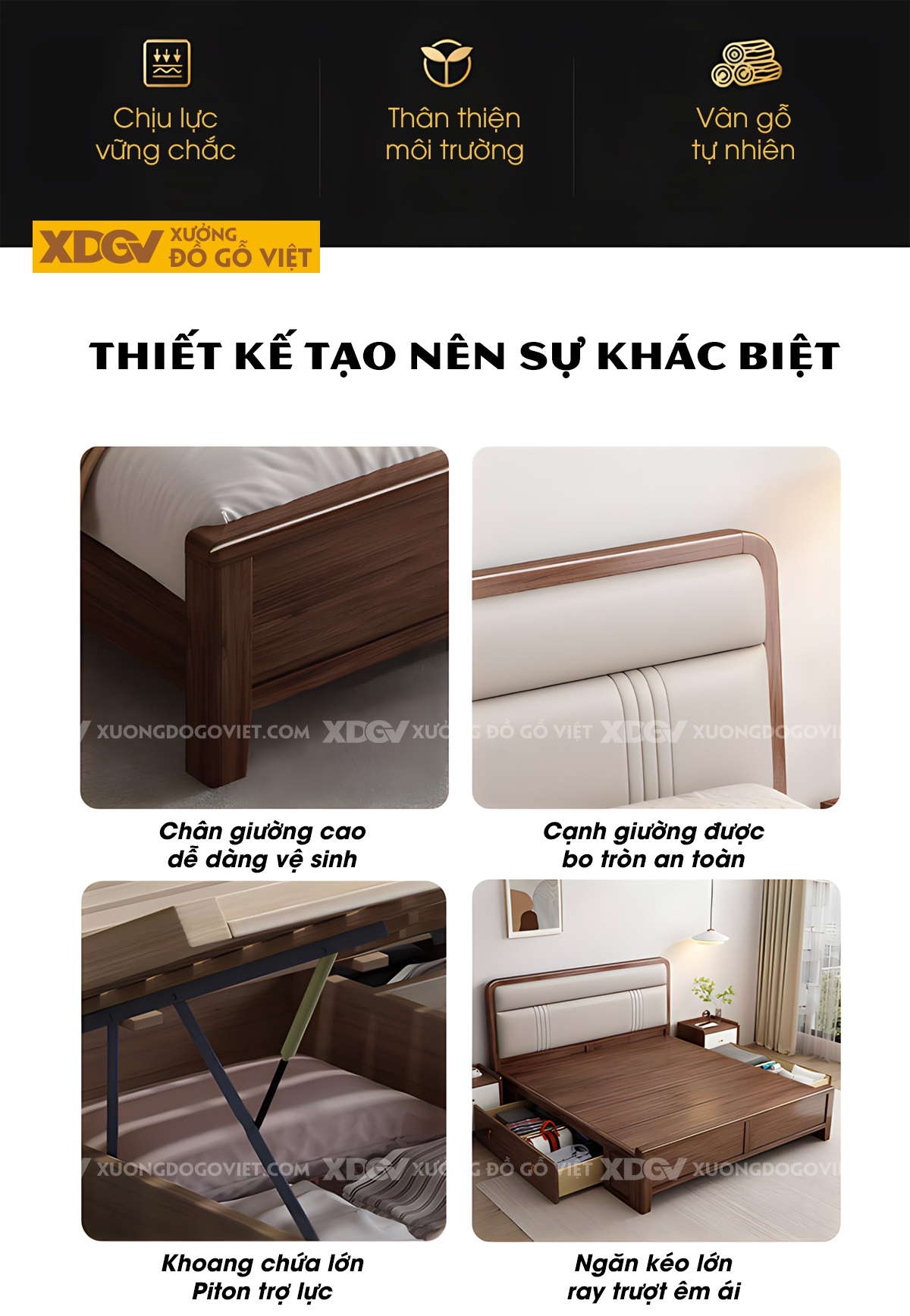 Giường Ngủ Gỗ Sồi Đầu Bọc Nệm 2 Tầng Sọc Dọc Đối Xứng