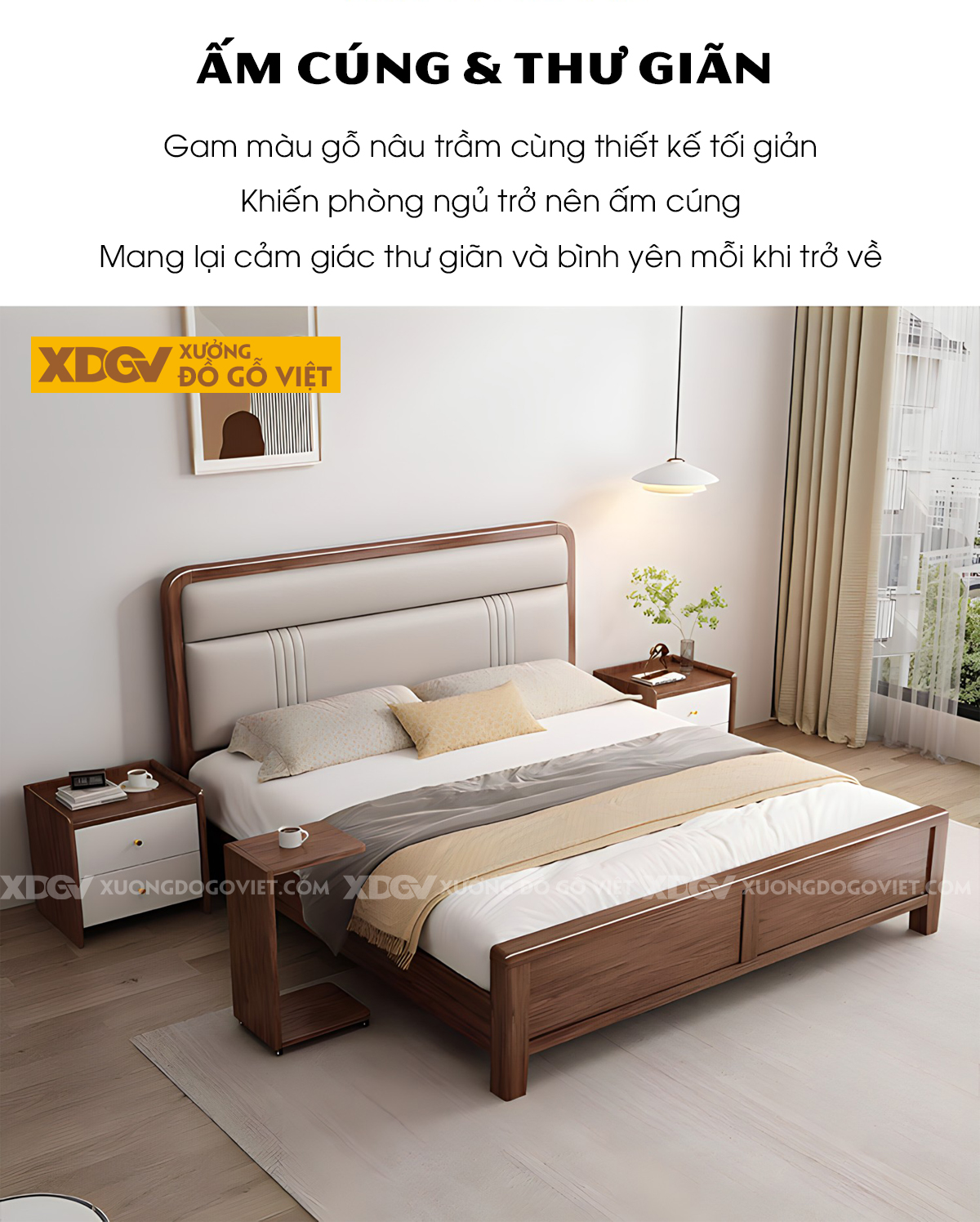 Giường Ngủ Gỗ Sồi Đầu Bọc Nệm 2 Tầng Sọc Dọc Đối Xứng