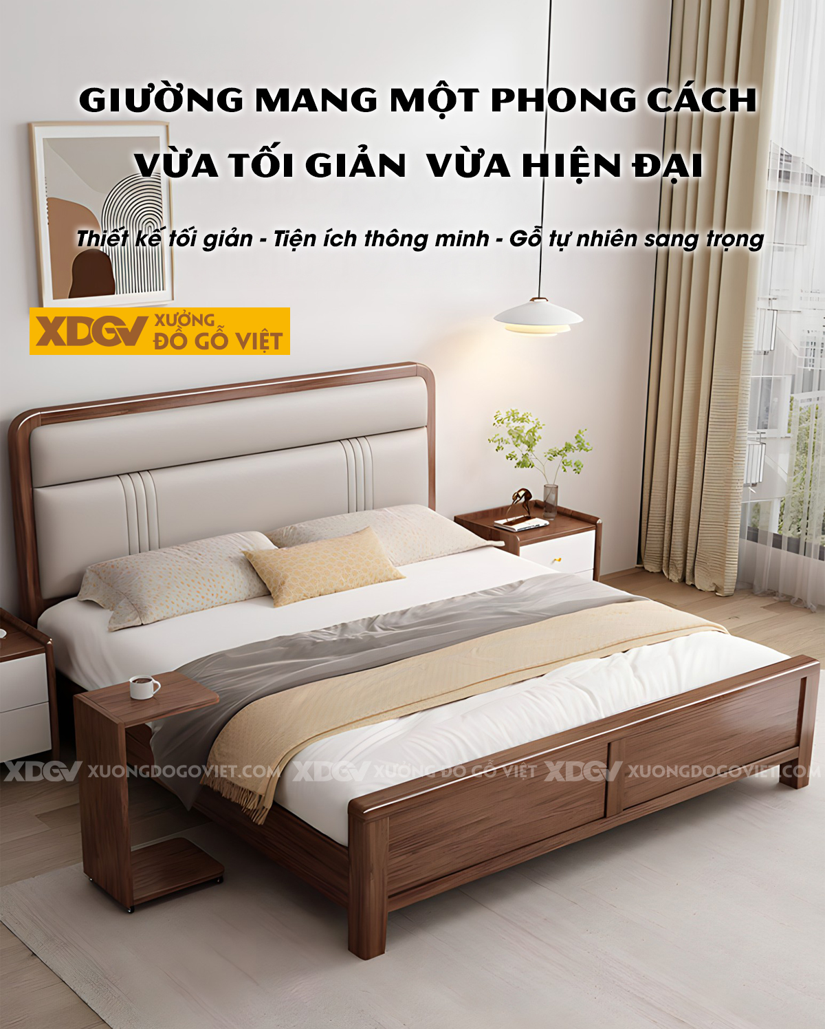 Giường Ngủ Gỗ Sồi Đầu Bọc Nệm 2 Tầng Sọc Dọc Đối Xứng