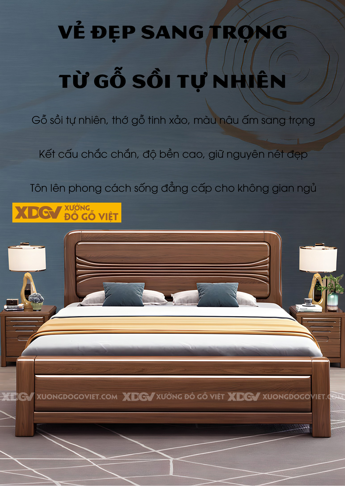 Giường Ngủ Gỗ Sồi Dày Dặn Đầu Bo Góc Họa Tiết Sóng Nước