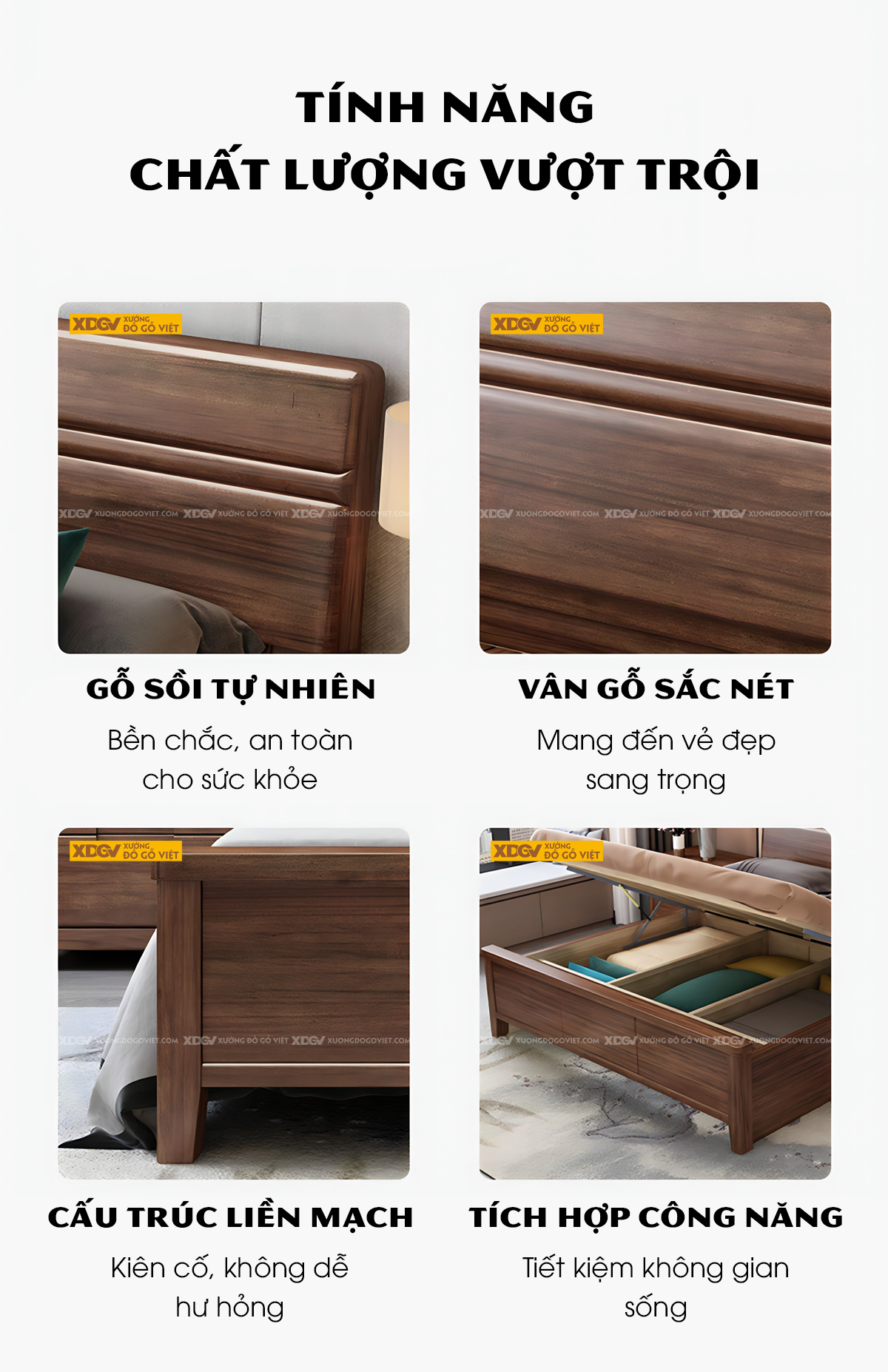 Giường Ngủ Gỗ Sồi Dày Dặn Soi Rãnh Chỉ Chìm Phân Tầng