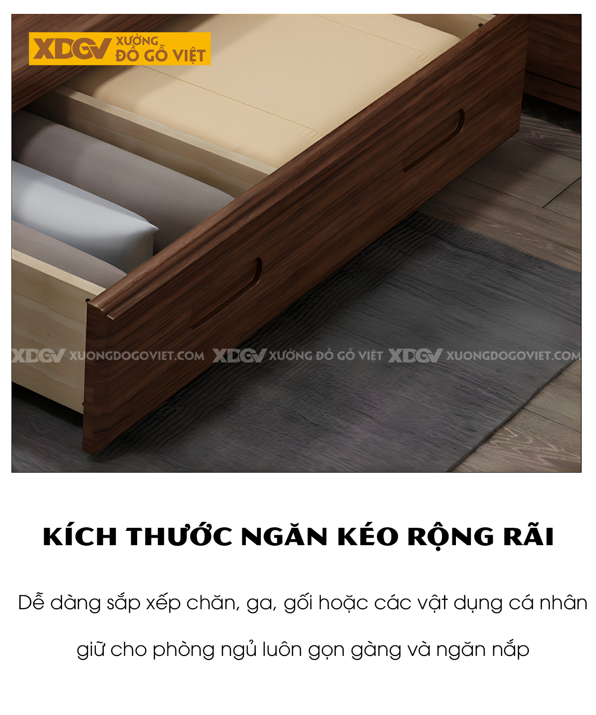 Giường Ngủ Gỗ Sồi Dày Dặn Soi Rãnh Chỉ Chìm Phân Tầng
