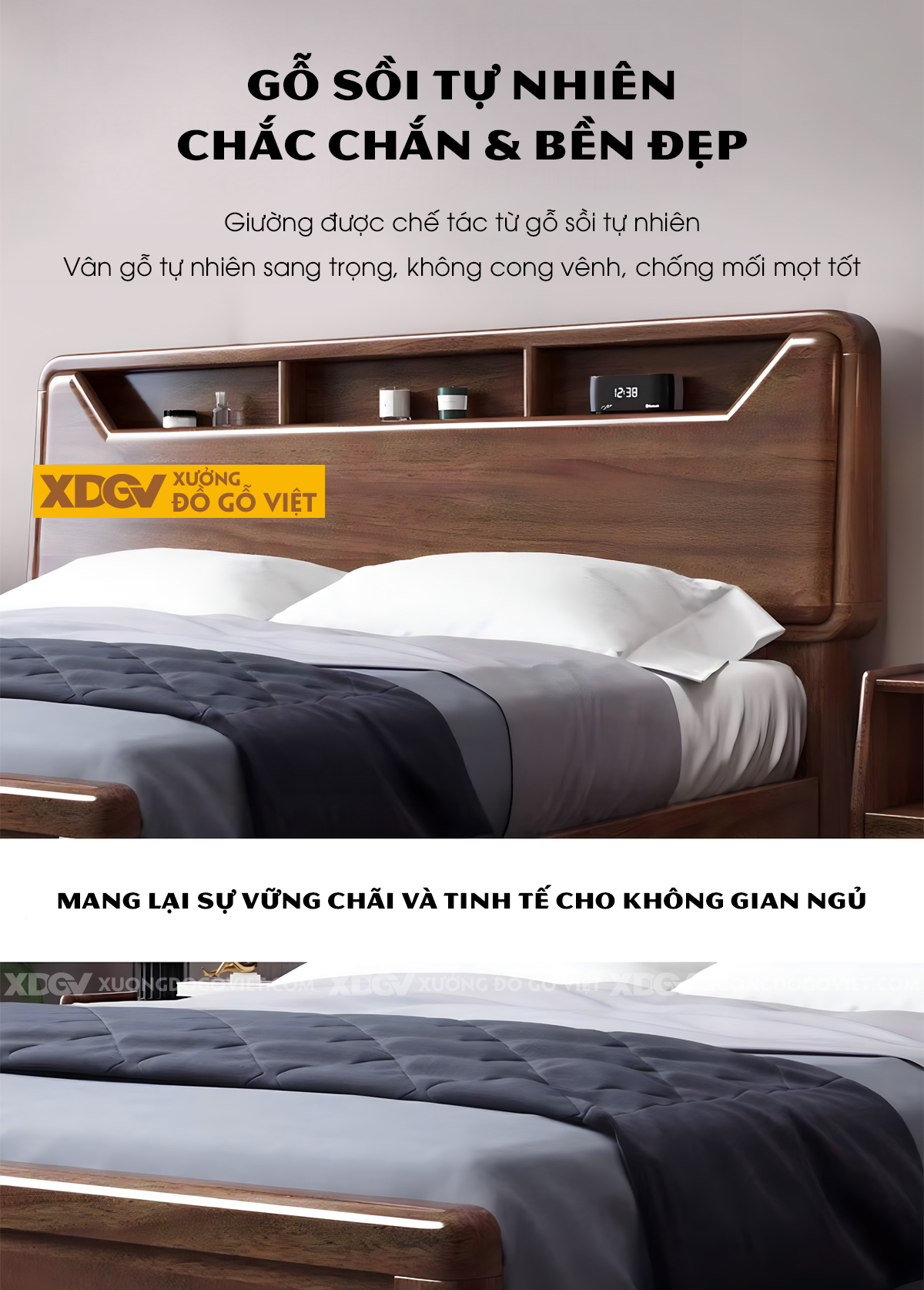 Giường Ngủ Gỗ Sồi Hiện Đại Bo Tròn Tích Hợp Kệ Trên 3 Ngăn