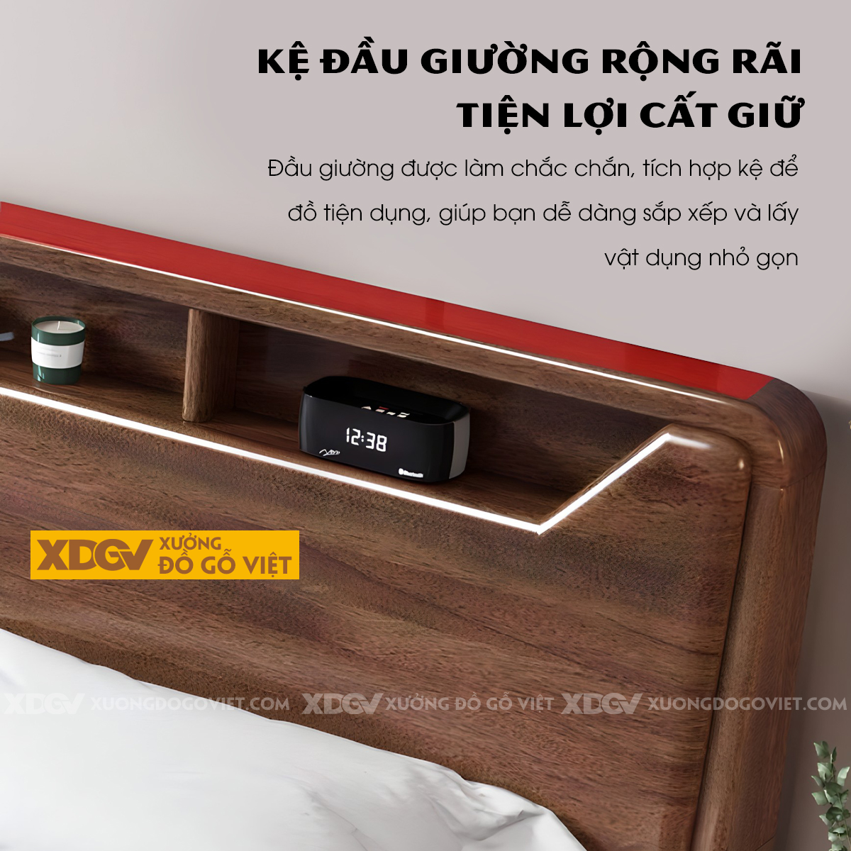 Giường Ngủ Gỗ Sồi Hiện Đại Bo Tròn Tích Hợp Kệ Trên 3 Ngăn