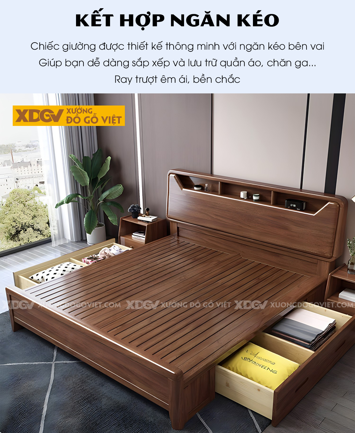 Giường Ngủ Gỗ Sồi Hiện Đại Bo Tròn Tích Hợp Kệ Trên 3 Ngăn