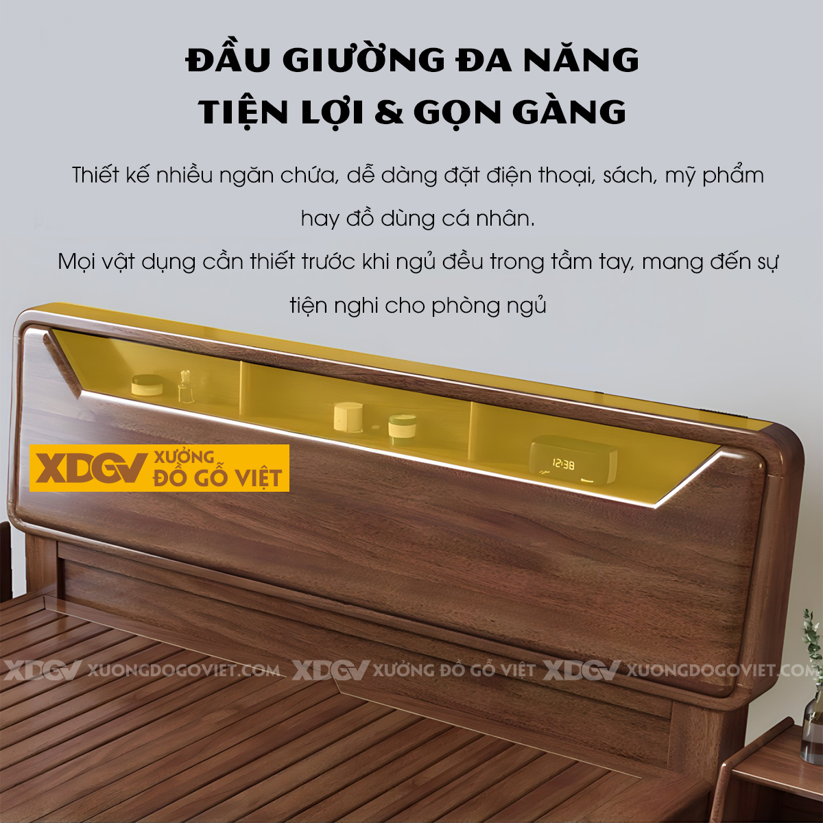 Giường Ngủ Gỗ Sồi Hiện Đại Bo Tròn Tích Hợp Kệ Trên 3 Ngăn