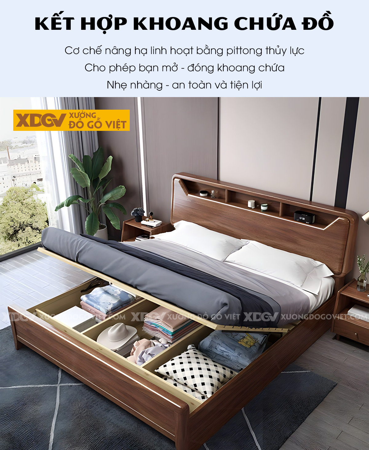 Giường Ngủ Gỗ Sồi Hiện Đại Bo Tròn Tích Hợp Kệ Trên 3 Ngăn