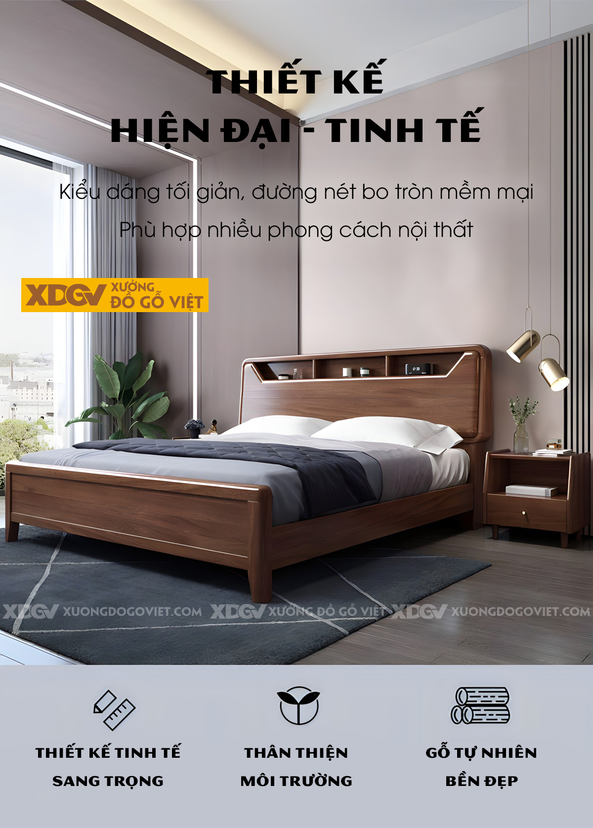 Giường Ngủ Gỗ Sồi Hiện Đại Bo Tròn Tích Hợp Kệ Trên 3 Ngăn