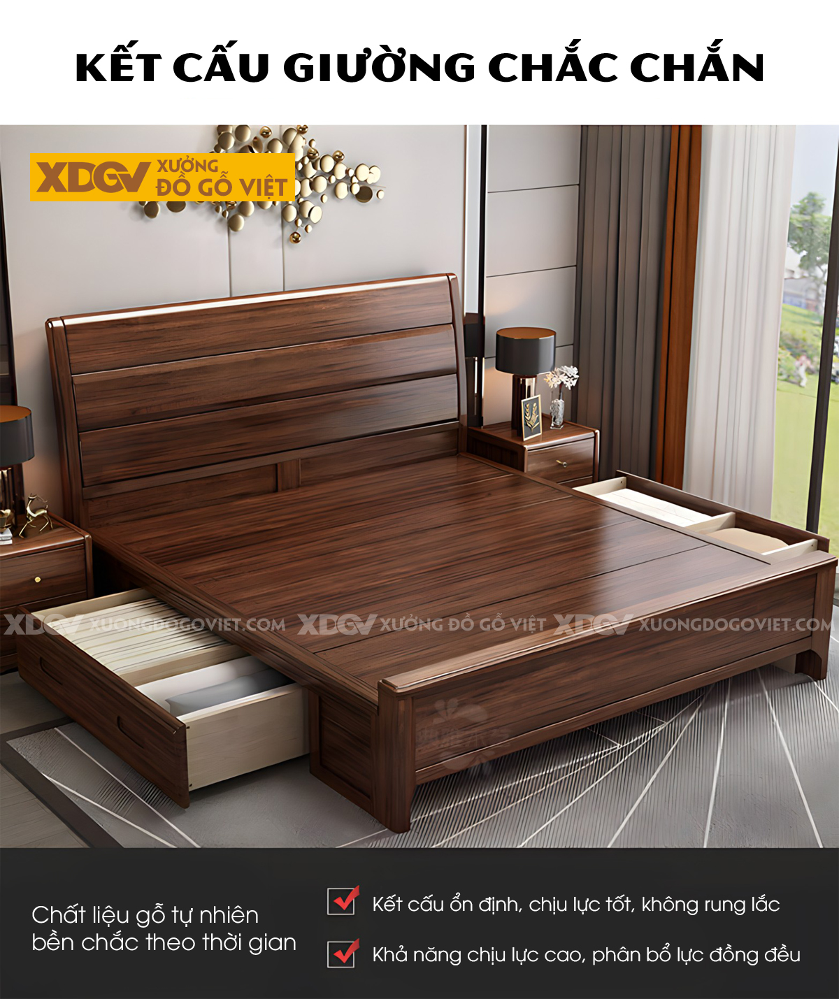 Giường Ngủ Gỗ Sồi Hiện Đại Đầu 3 Tầng Kẻ Rãnh Ngang