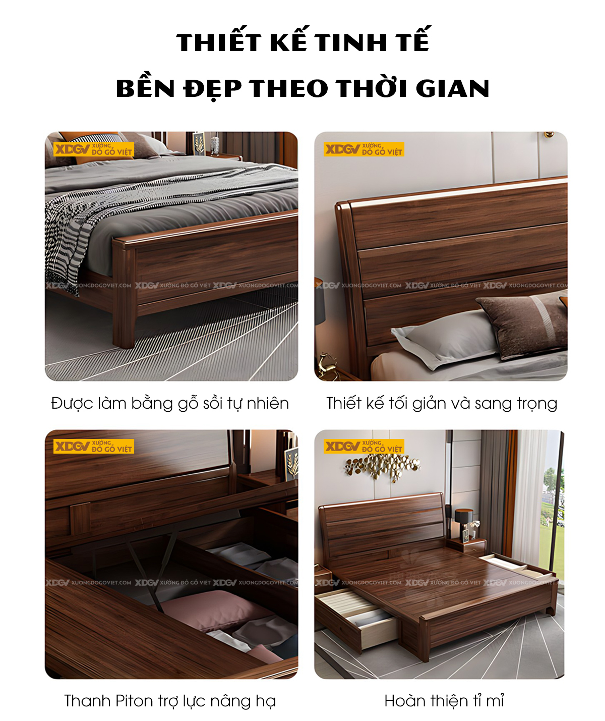 Giường Ngủ Gỗ Sồi Hiện Đại Đầu 3 Tầng Kẻ Rãnh Ngang