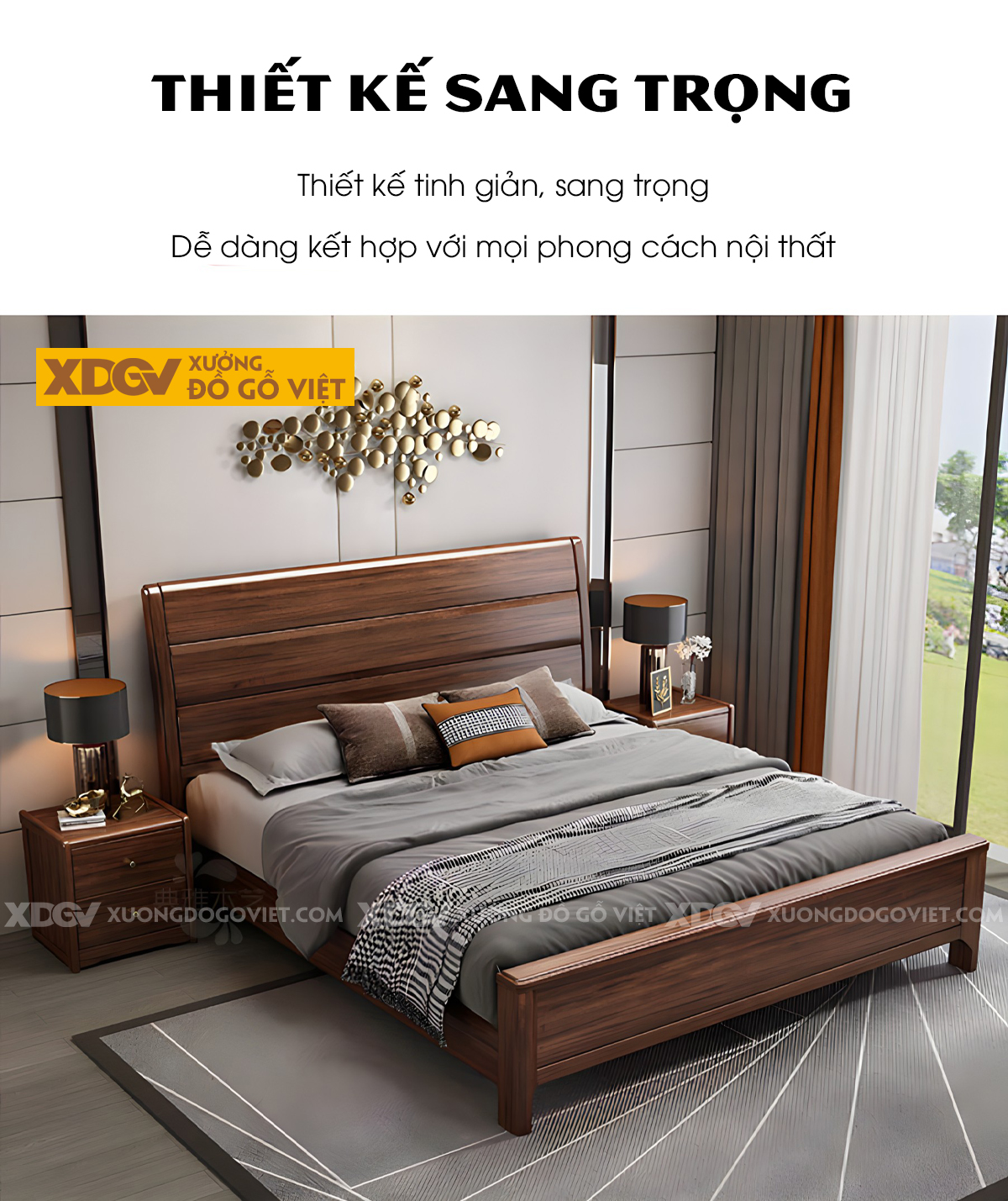 Giường Ngủ Gỗ Sồi Hiện Đại Đầu 3 Tầng Kẻ Rãnh Ngang