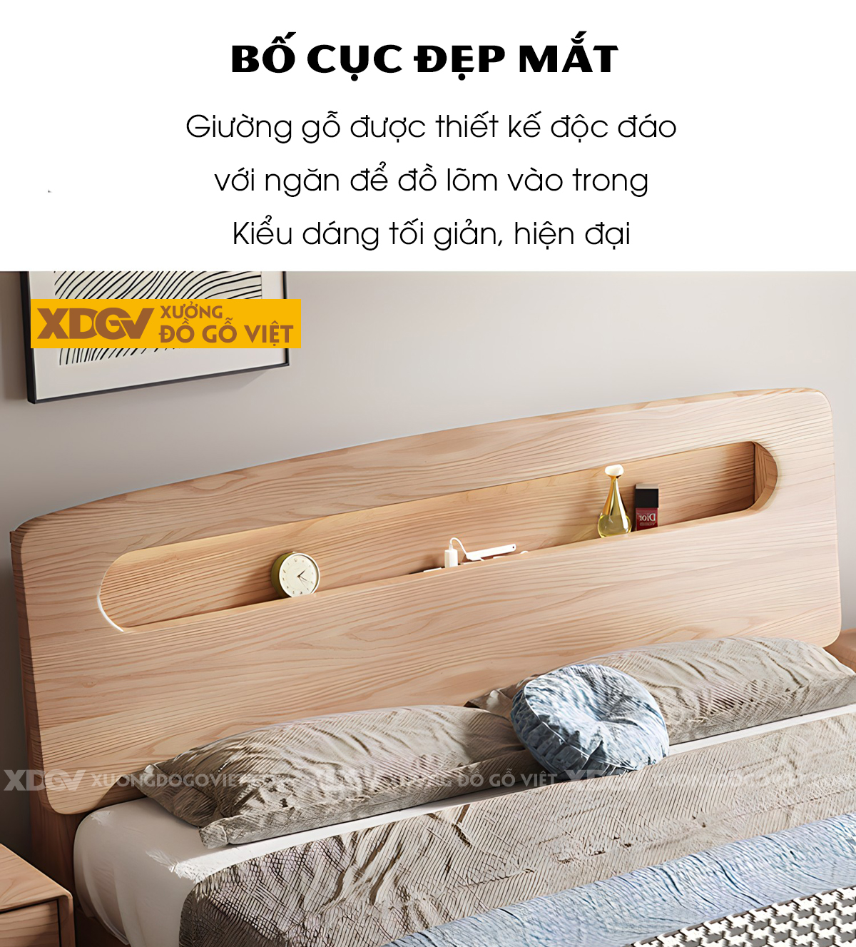 Giường Ngủ Gỗ Sồi Hiện Đại Đầu Bo Tròn Kệ Âm Có Đèn Led