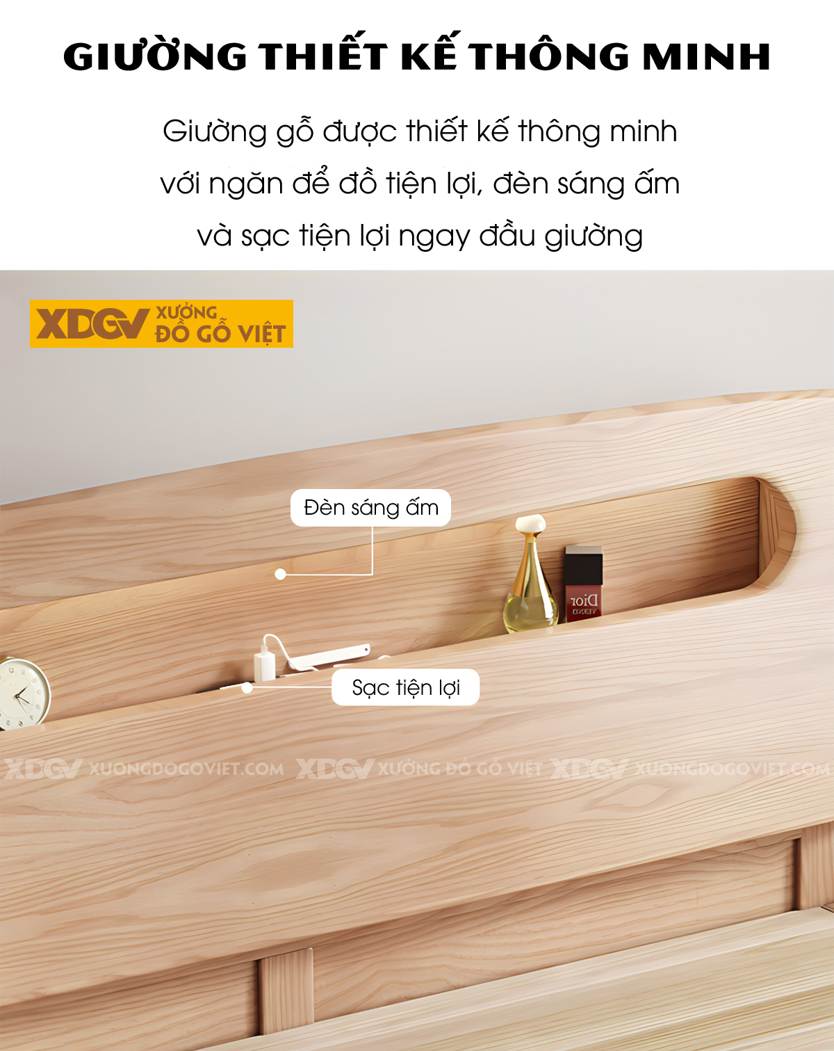 Giường Ngủ Gỗ Sồi Hiện Đại Đầu Bo Tròn Kệ Âm Có Đèn Led