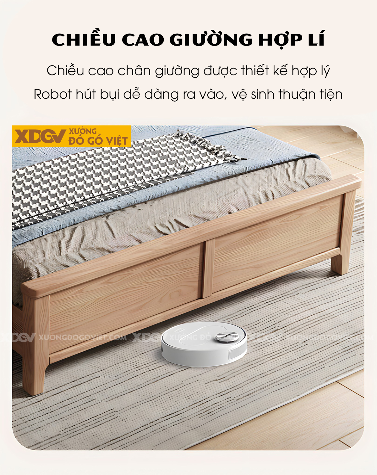 Giường Ngủ Gỗ Sồi Hiện Đại Đầu Bo Tròn Kệ Âm Có Đèn Led