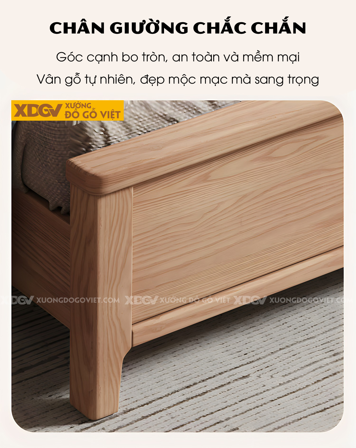 Giường Ngủ Gỗ Sồi Hiện Đại Đầu Bo Tròn Kệ Âm Có Đèn Led