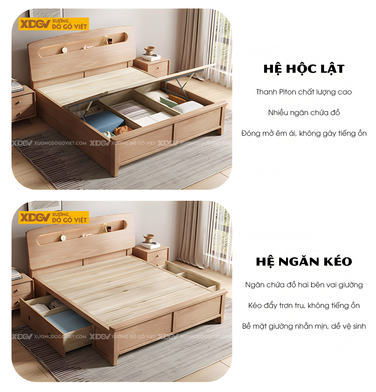 Giường Ngủ Gỗ Sồi Hiện Đại Đầu Bo Tròn Kệ Âm Có Đèn Led
