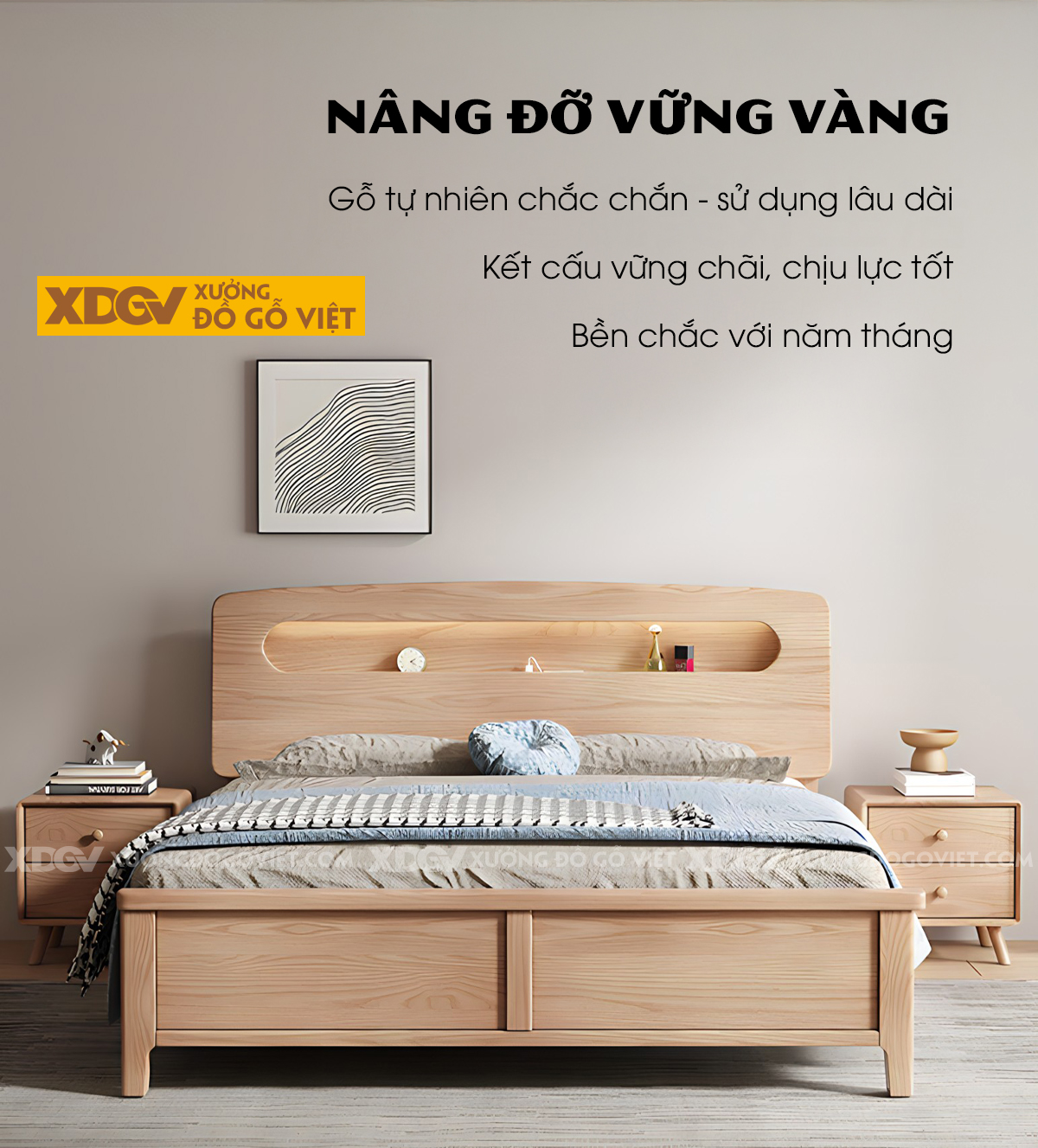 Giường Ngủ Gỗ Sồi Hiện Đại Đầu Bo Tròn Kệ Âm Có Đèn Led