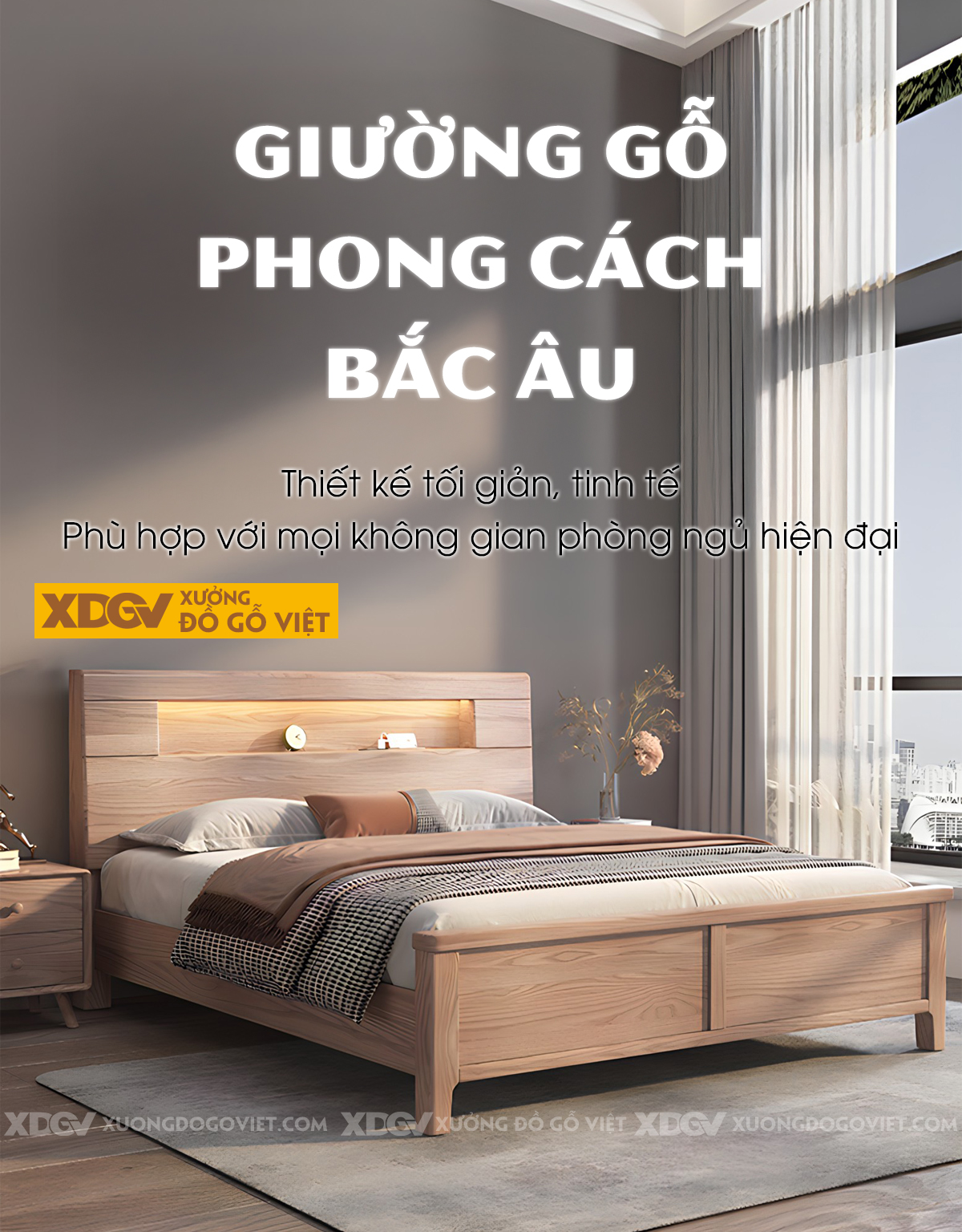 Giường Ngủ Gỗ Sồi Hiện Đại Japandi Tích hợp Kệ Đựng Tiện Lợi