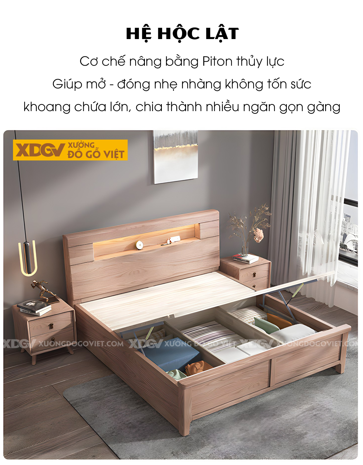 Giường Ngủ Gỗ Sồi Hiện Đại Japandi Tích hợp Kệ Đựng Tiện Lợi