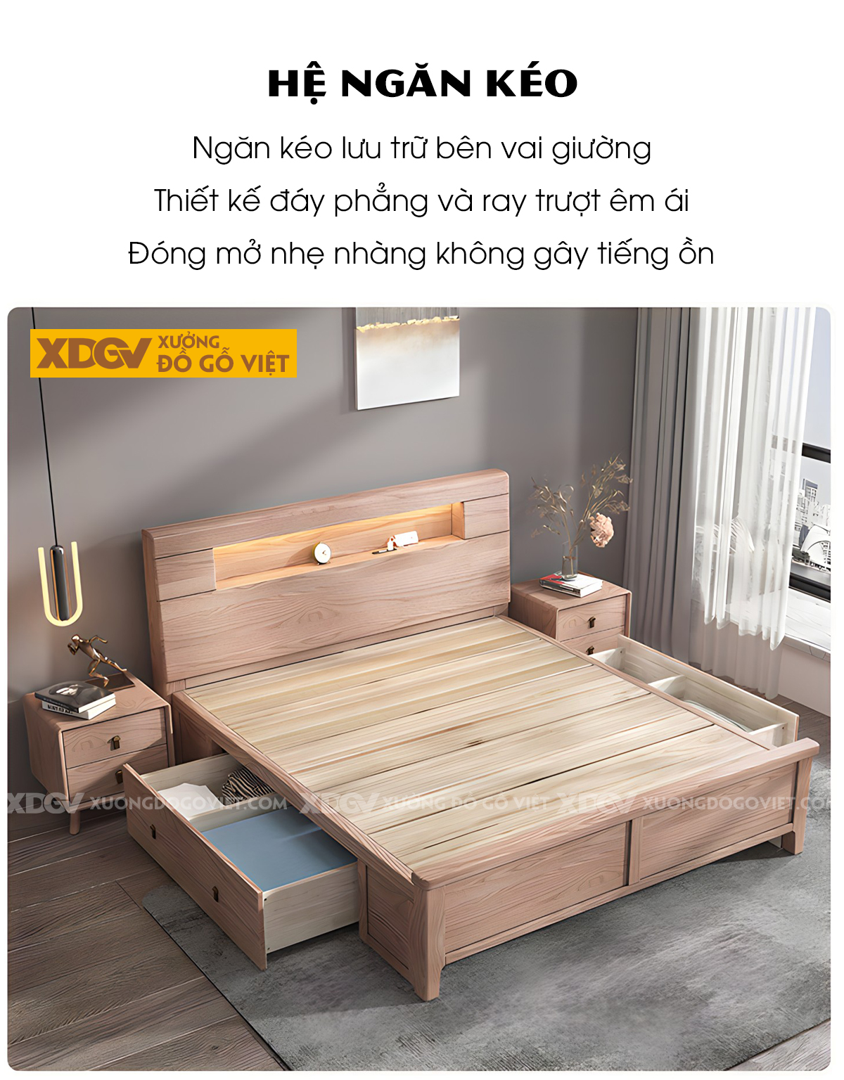 Giường Ngủ Gỗ Sồi Hiện Đại Japandi Tích hợp Kệ Đựng Tiện Lợi