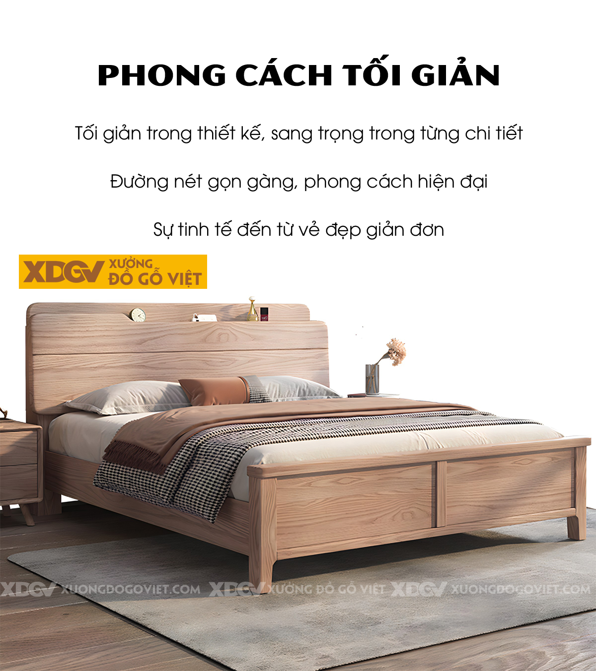 Giường Ngủ Gỗ Sồi Hiện Đại Japandi Tích hợp Kệ Đựng Tiện Lợi