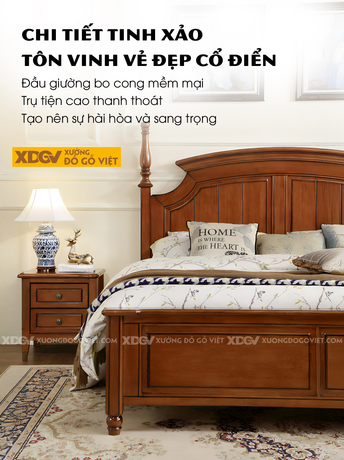 Giường Ngủ Gỗ Sồi Khung Pano Đầu Uốn Cong Kẻ Chỉ Đối Xứng