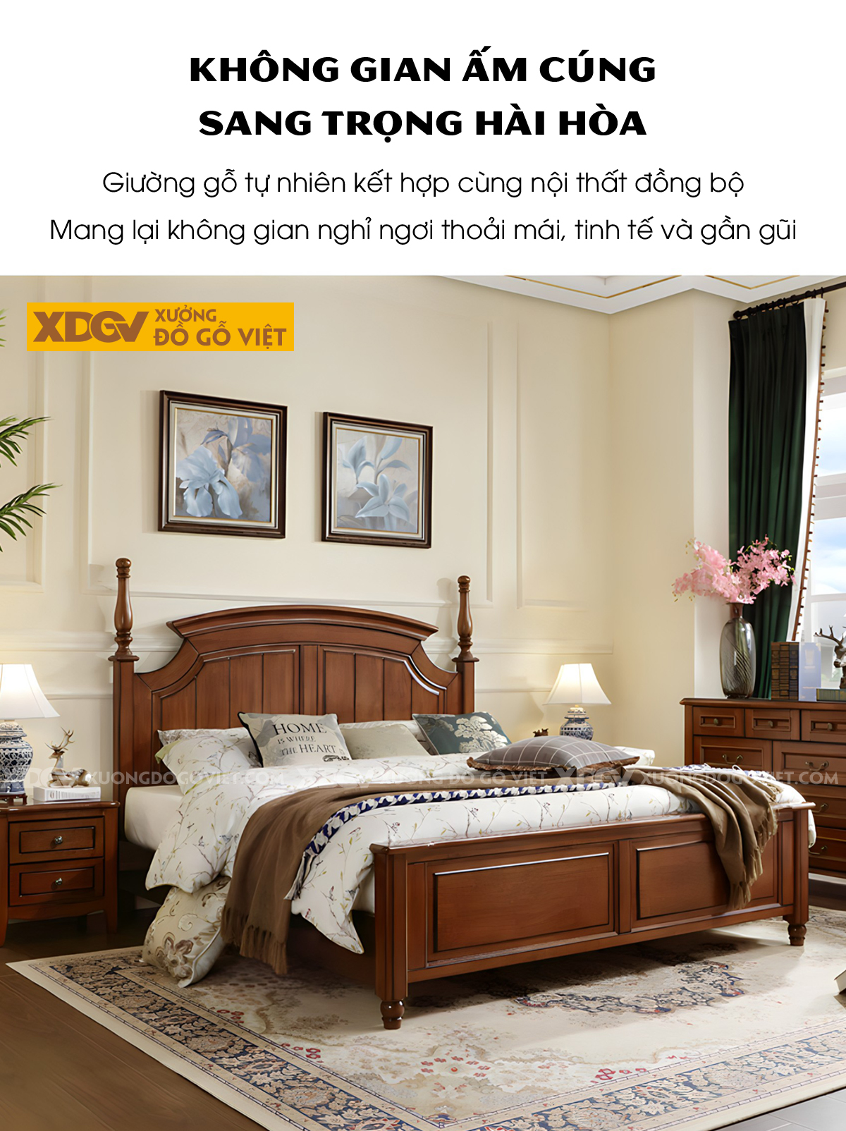 Giường Ngủ Gỗ Sồi Khung Pano Đầu Uốn Cong Kẻ Chỉ Đối Xứng