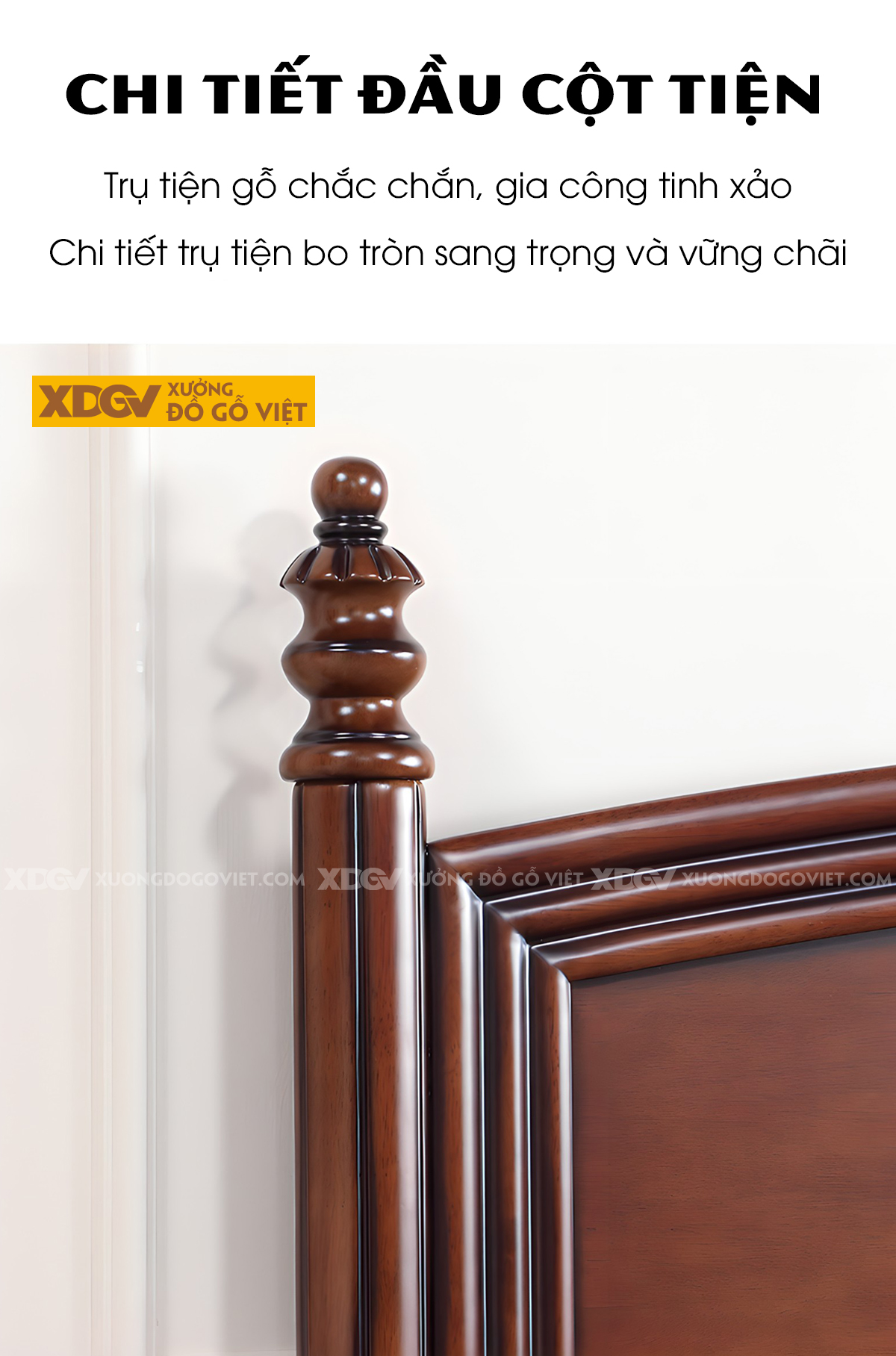 Giường Ngủ Gỗ Sồi Khung Pano Đầu Viền Chỉ Phào 2 Trụ Tiện