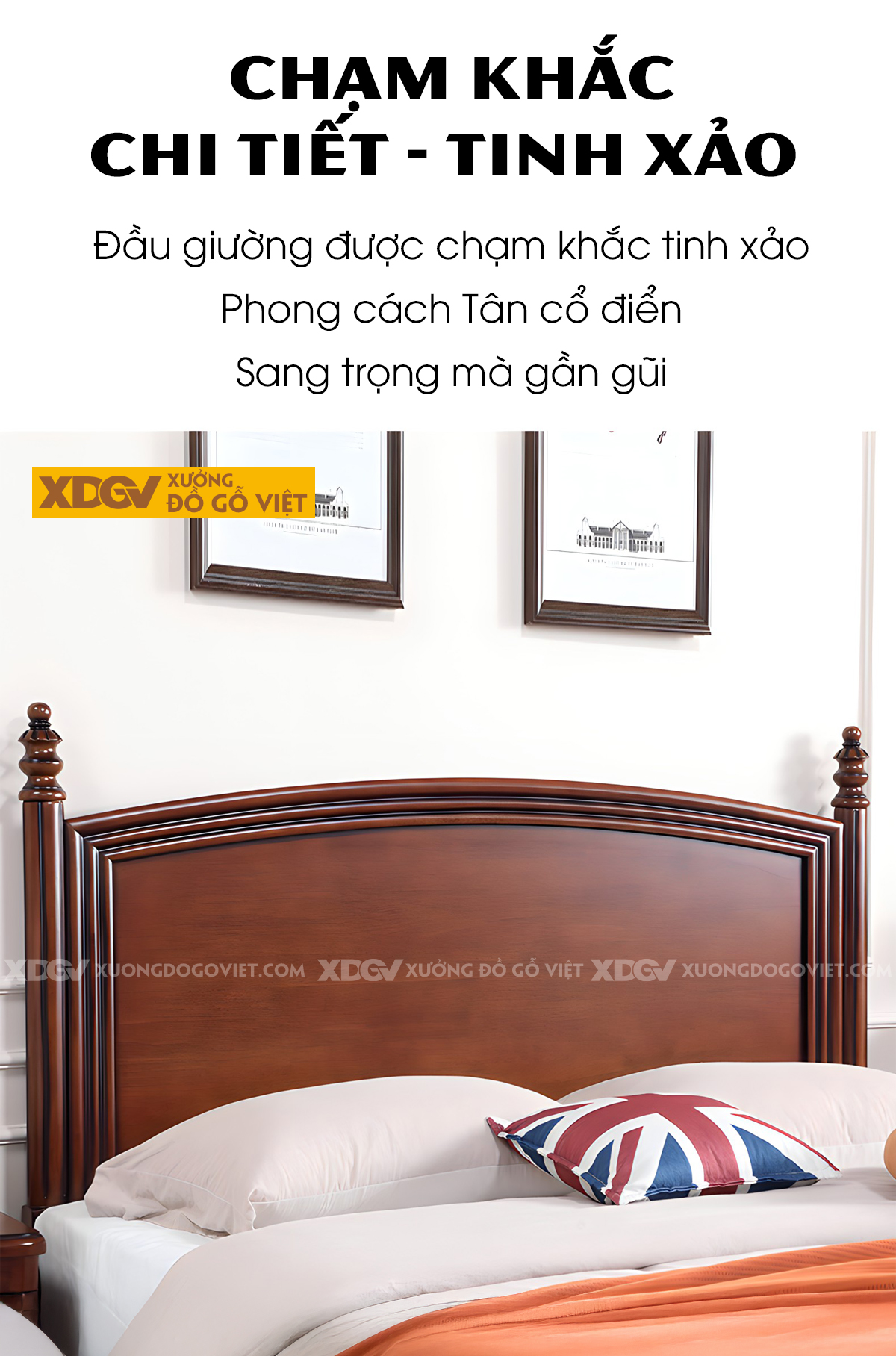 Giường Ngủ Gỗ Sồi Khung Pano Đầu Viền Chỉ Phào 2 Trụ Tiện