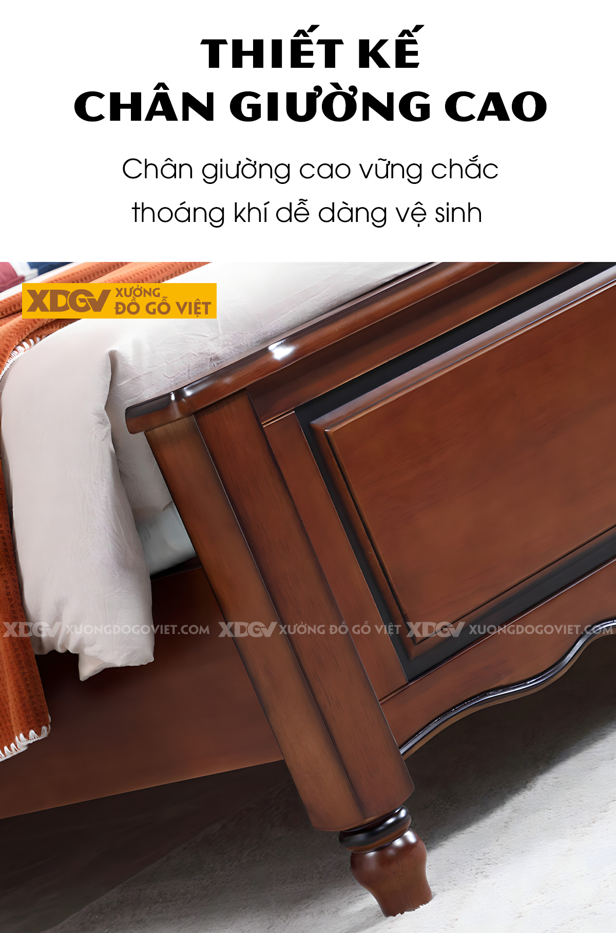 Giường Ngủ Gỗ Sồi Khung Pano Đầu Viền Chỉ Phào 2 Trụ Tiện