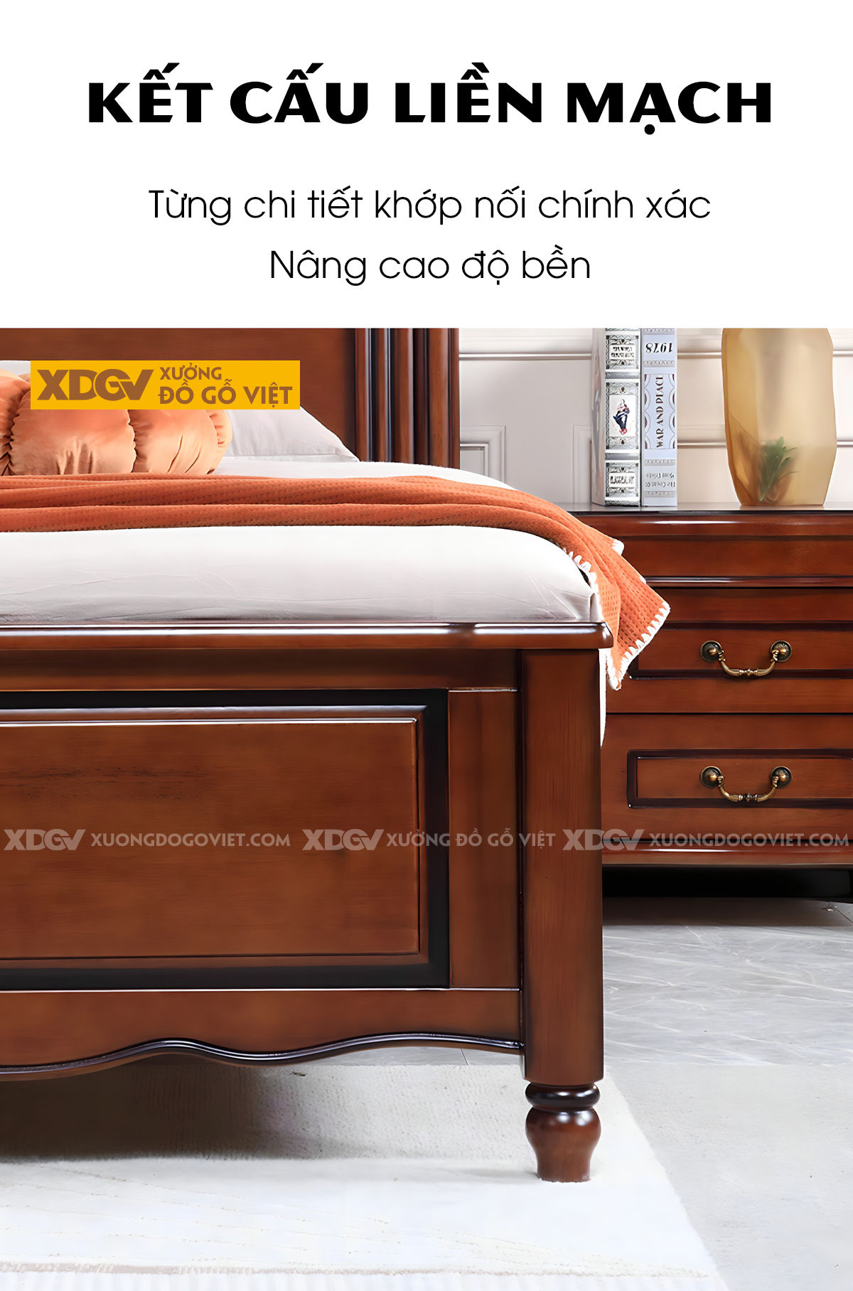 Giường Ngủ Gỗ Sồi Khung Pano Đầu Viền Chỉ Phào 2 Trụ Tiện