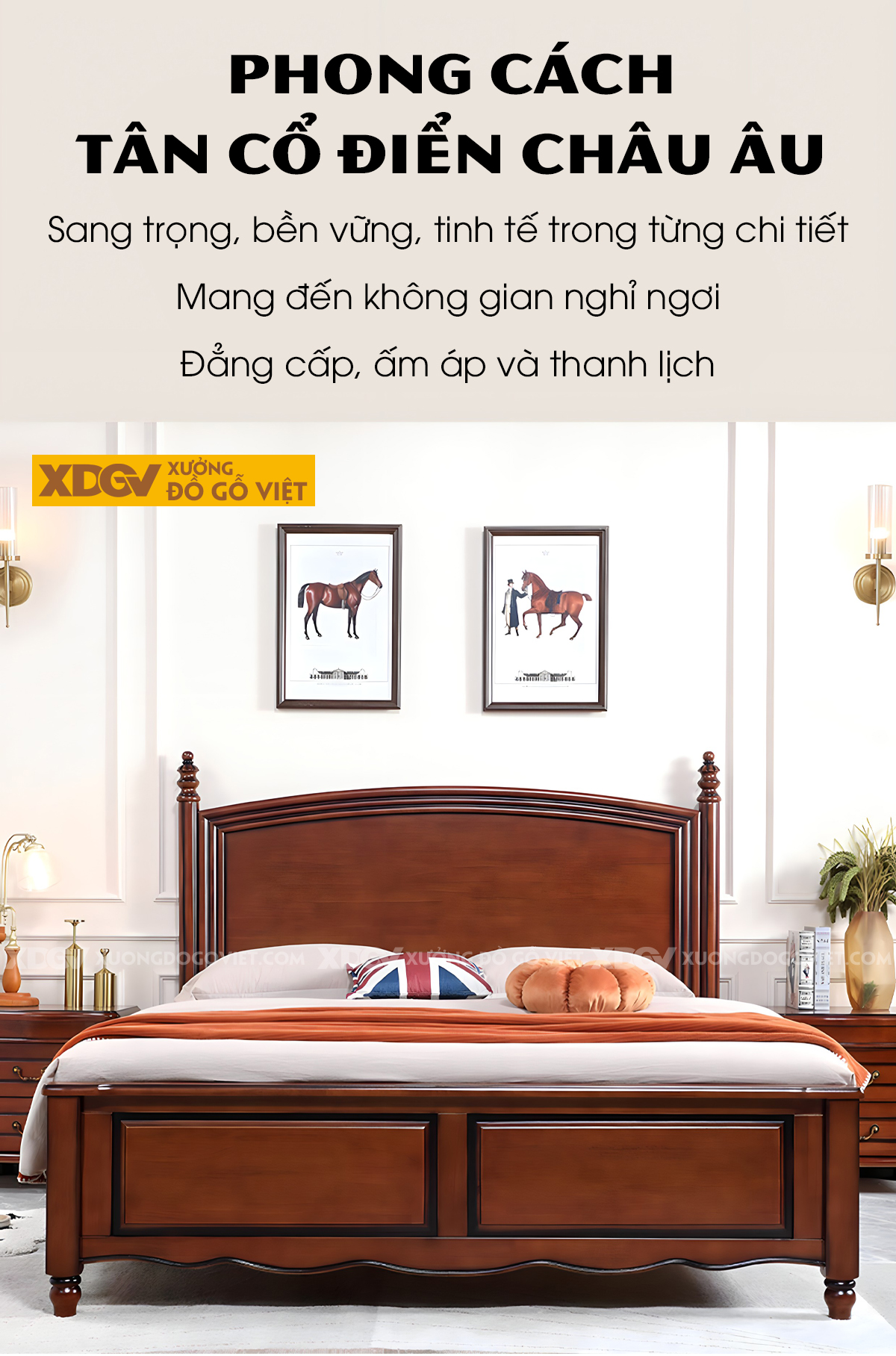 Giường Ngủ Gỗ Sồi Khung Pano Đầu Viền Chỉ Phào 2 Trụ Tiện