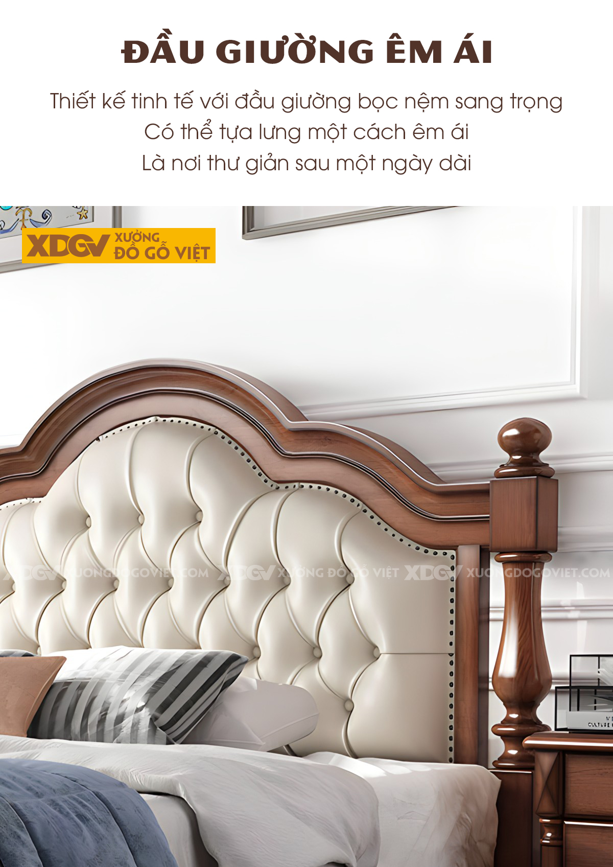 Giường Ngủ Gỗ Sồi Tân Cổ Điển Đâu Vân Mây Bọc Nệm Rút Múi