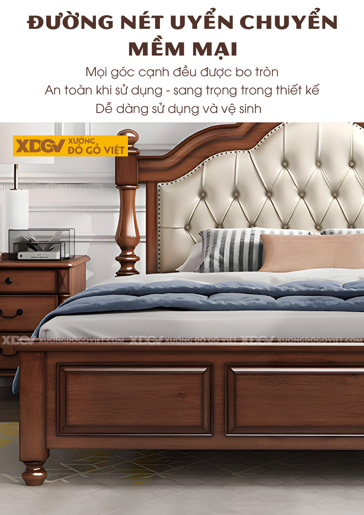 Giường Ngủ Gỗ Sồi Tân Cổ Điển Đâu Vân Mây Bọc Nệm Rút Múi