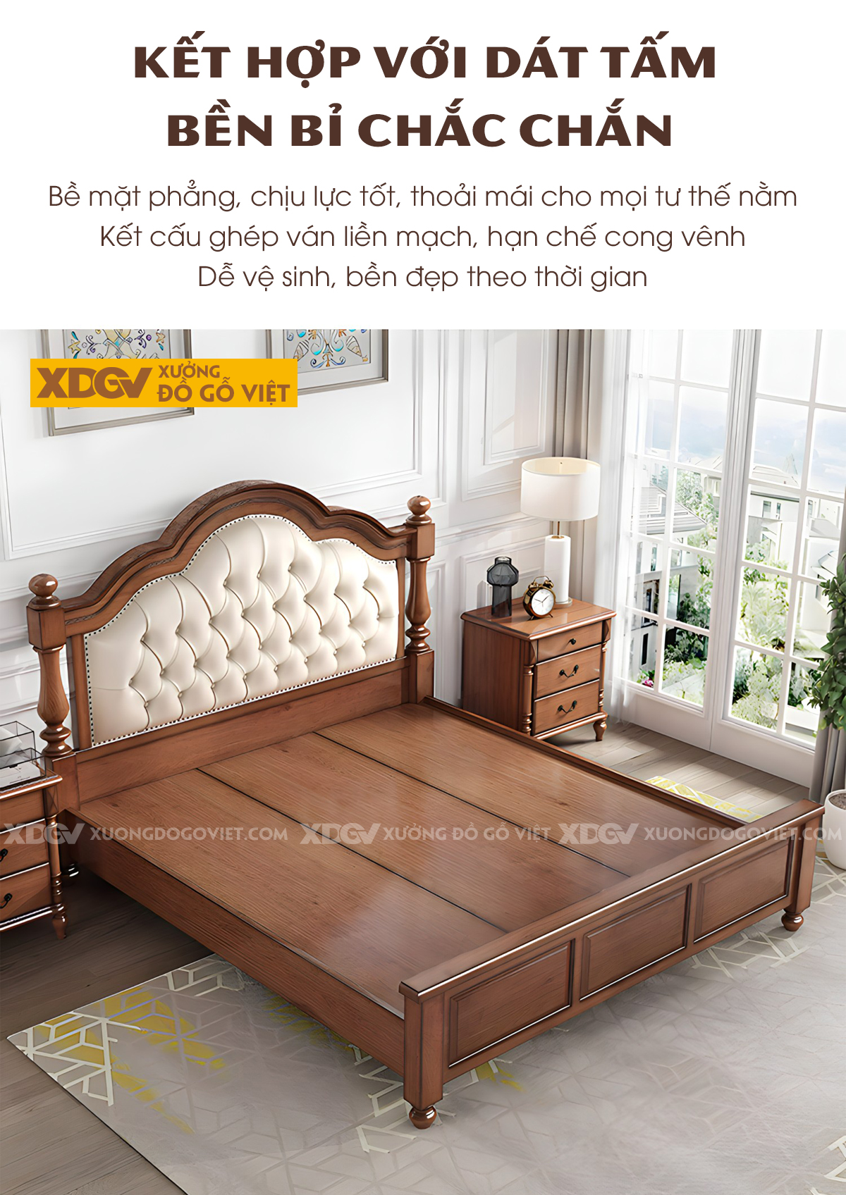 Giường Ngủ Gỗ Sồi Tân Cổ Điển Đâu Vân Mây Bọc Nệm Rút Múi