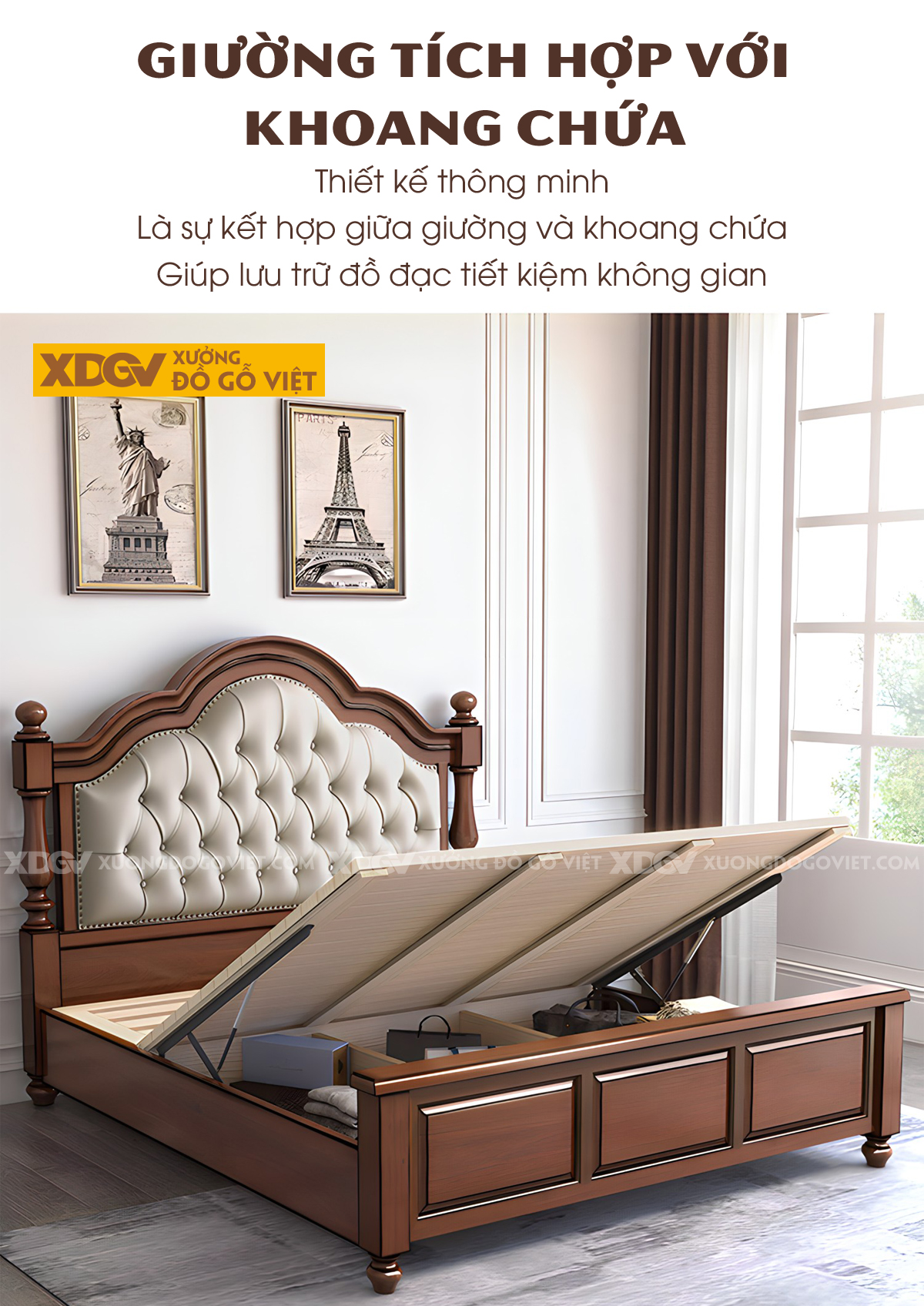 Giường Ngủ Gỗ Sồi Tân Cổ Điển Đâu Vân Mây Bọc Nệm Rút Múi